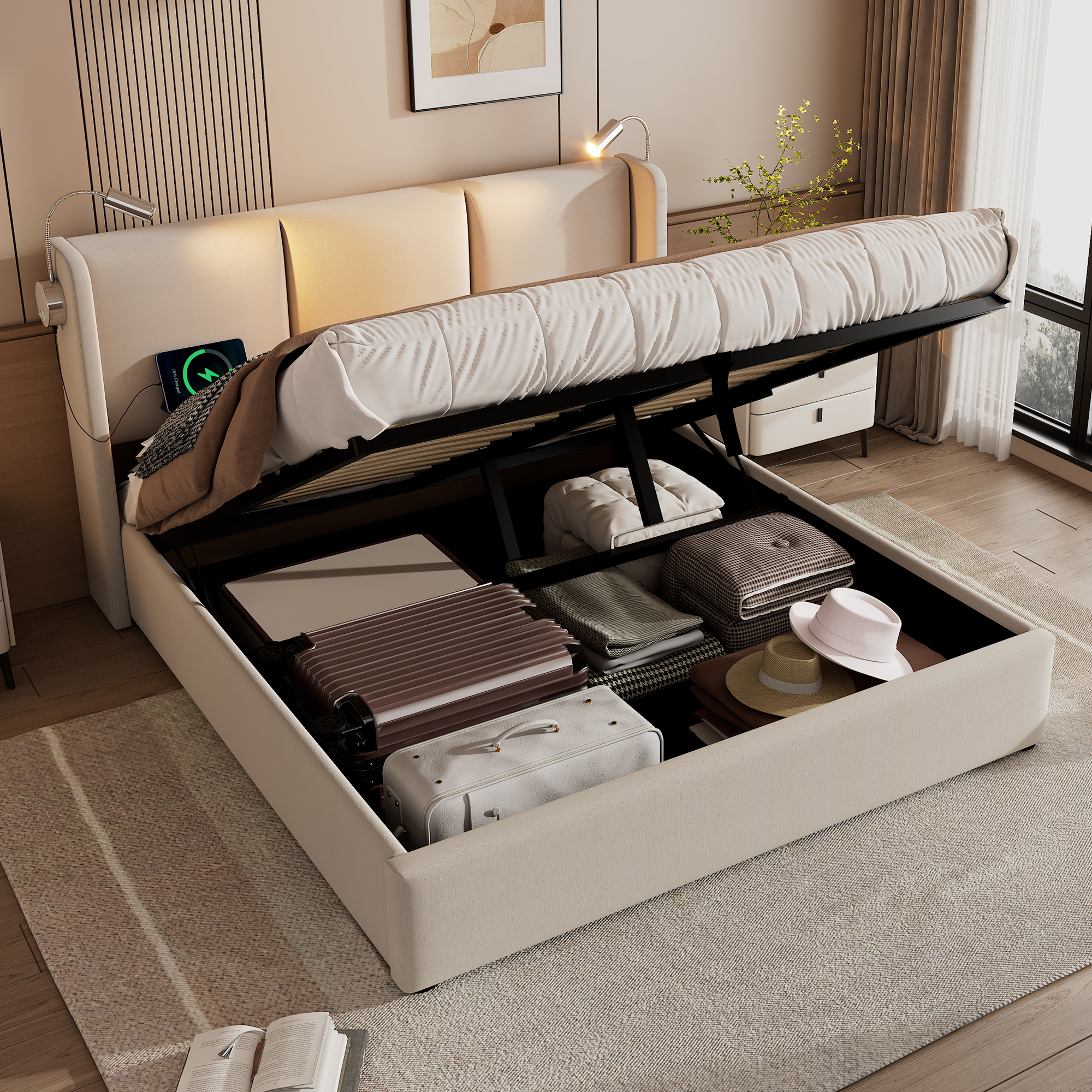 Upholstered Bed Double Bed Storage Storage Storage Light With USB Charging Headboard,Storage Beds Bed Frame Made Of Linen Material Youth Bed Bed 160x200 With Slatted Base Without Mattress