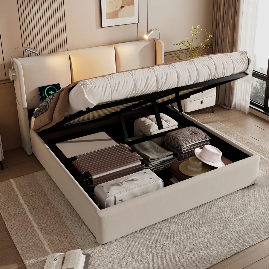 Upholstered Bed Double Bed Storage Storage Storage Light With USB Char