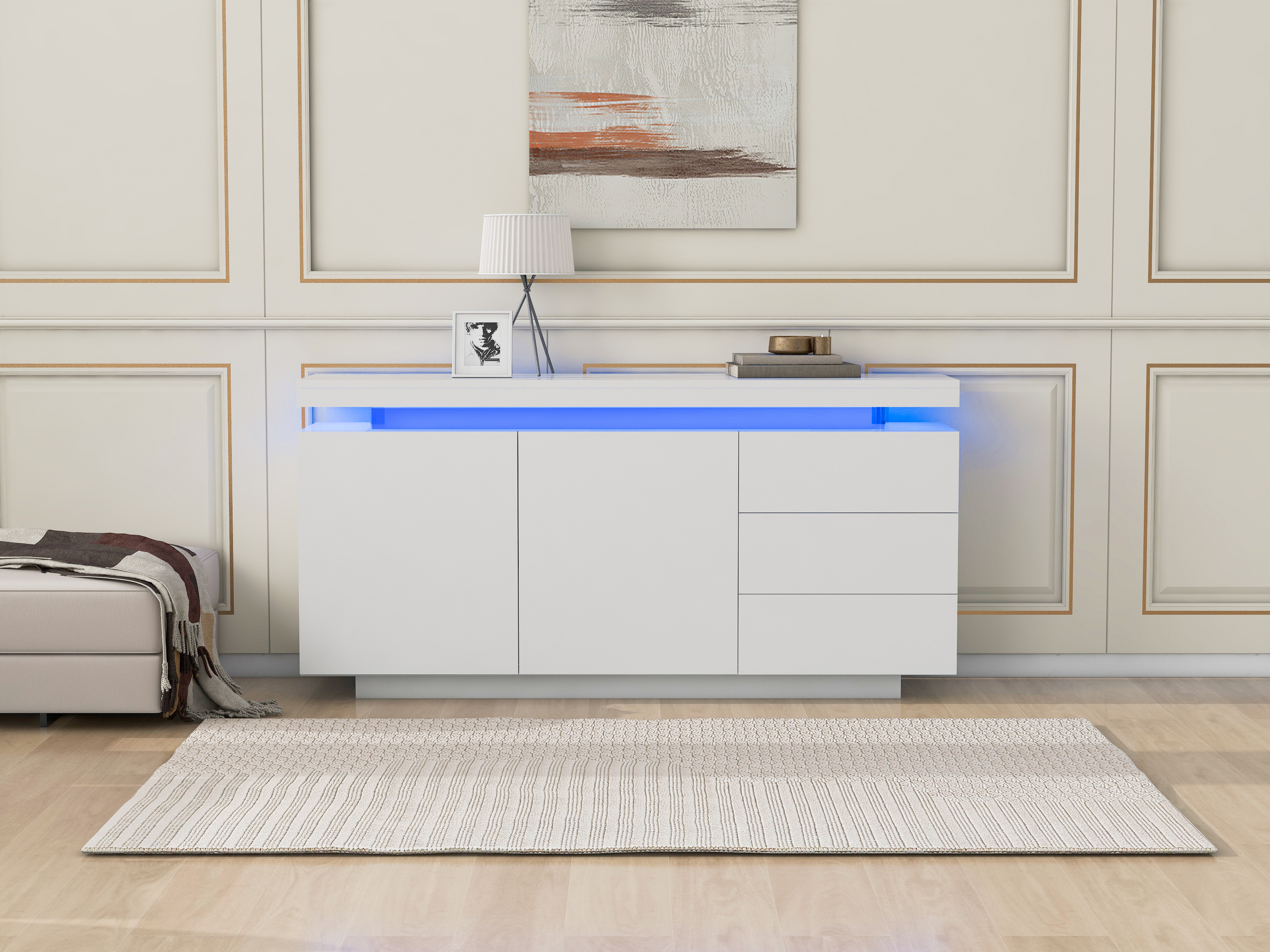 306338342WAA Modern Living Room Sideboard High-Gloss Cabinet With 2 Doors & 3 Drawers, LED Lighting, Handle-Free Design 140x35x72.5cm White 4
