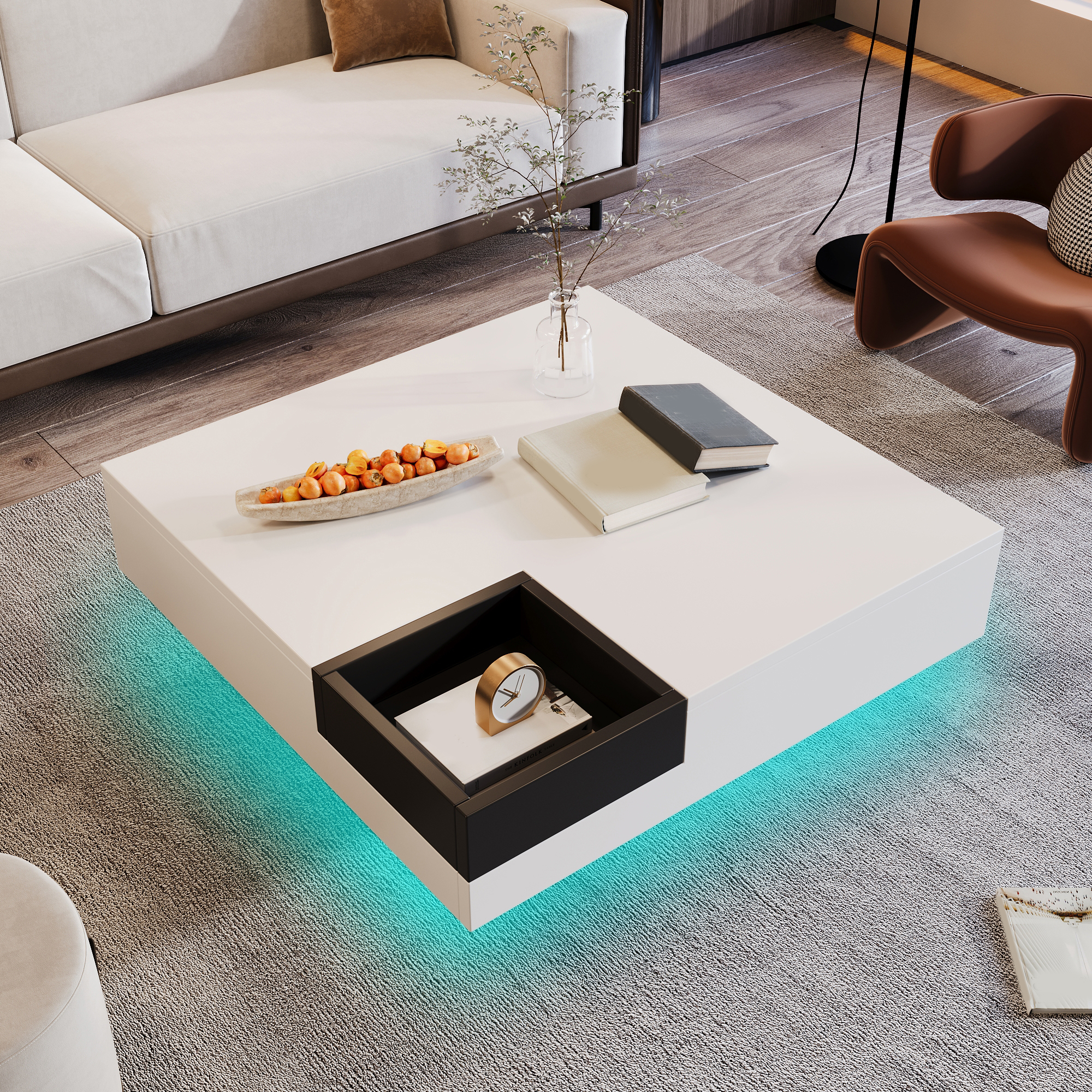 Coffee Table, High-Gloss Living Room Table, Side Table With Removable Storage Box, White And Black Color-Block Design, 72 X 72 X 30 Cm, With LED Light