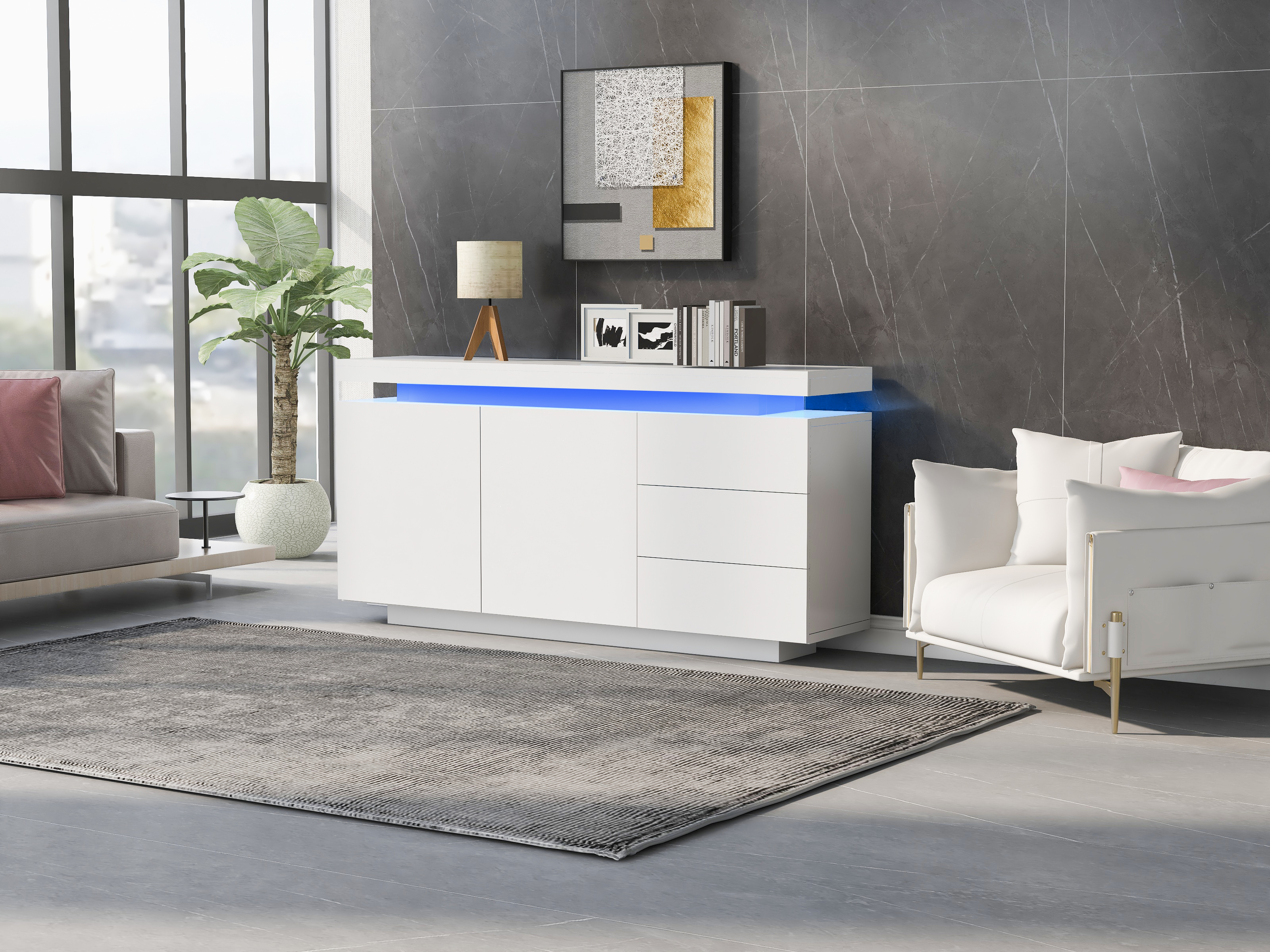306338342WAA Modern Living Room Sideboard High-Gloss Cabinet With 2 Doors & 3 Drawers, LED Lighting, Handle-Free Design 140x35x72.5cm White 5