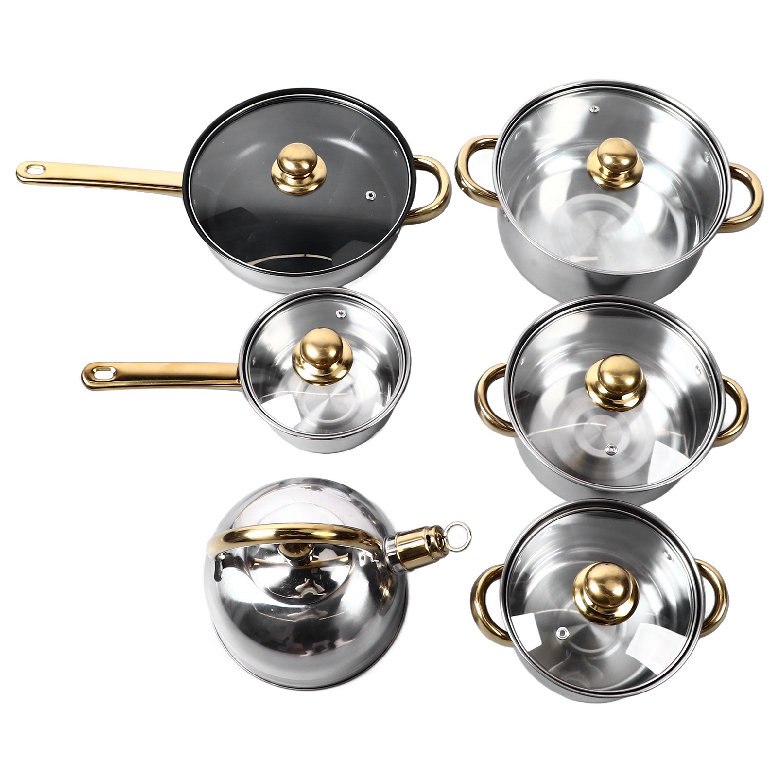 12Pcs Kitchen Pots Stainless Steel Golden Handle Smoothing Sturdy Easy To Clean Cookware Set For Home Cooking