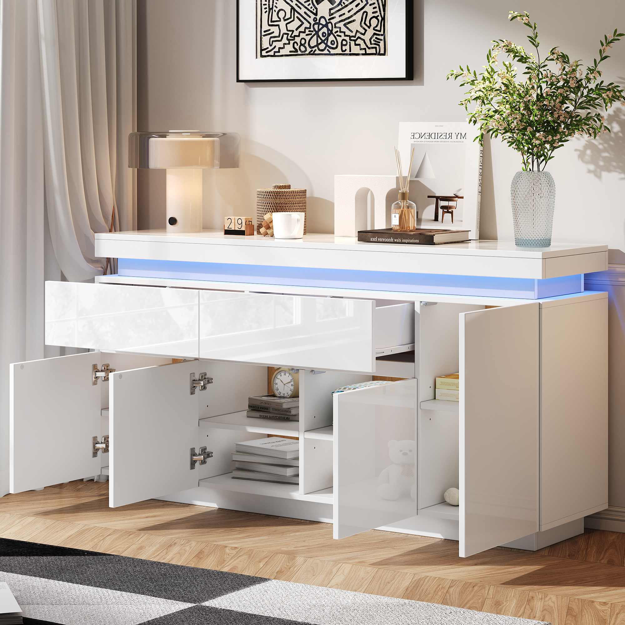 White High Gloss Sideboard With RGB LED Lights, App-Controlled Cabinet 4 Doors — image 3