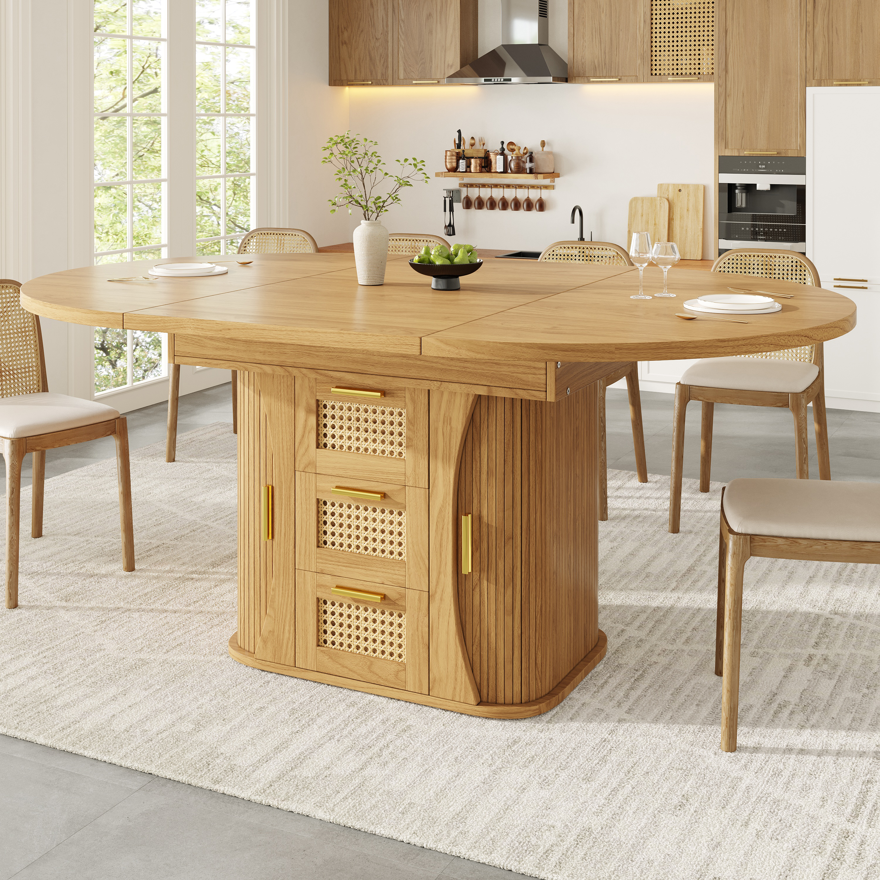 Extendable Dining Table With Storage, 118-158cm Rattan Drawers, MDF Wood Look — image 2