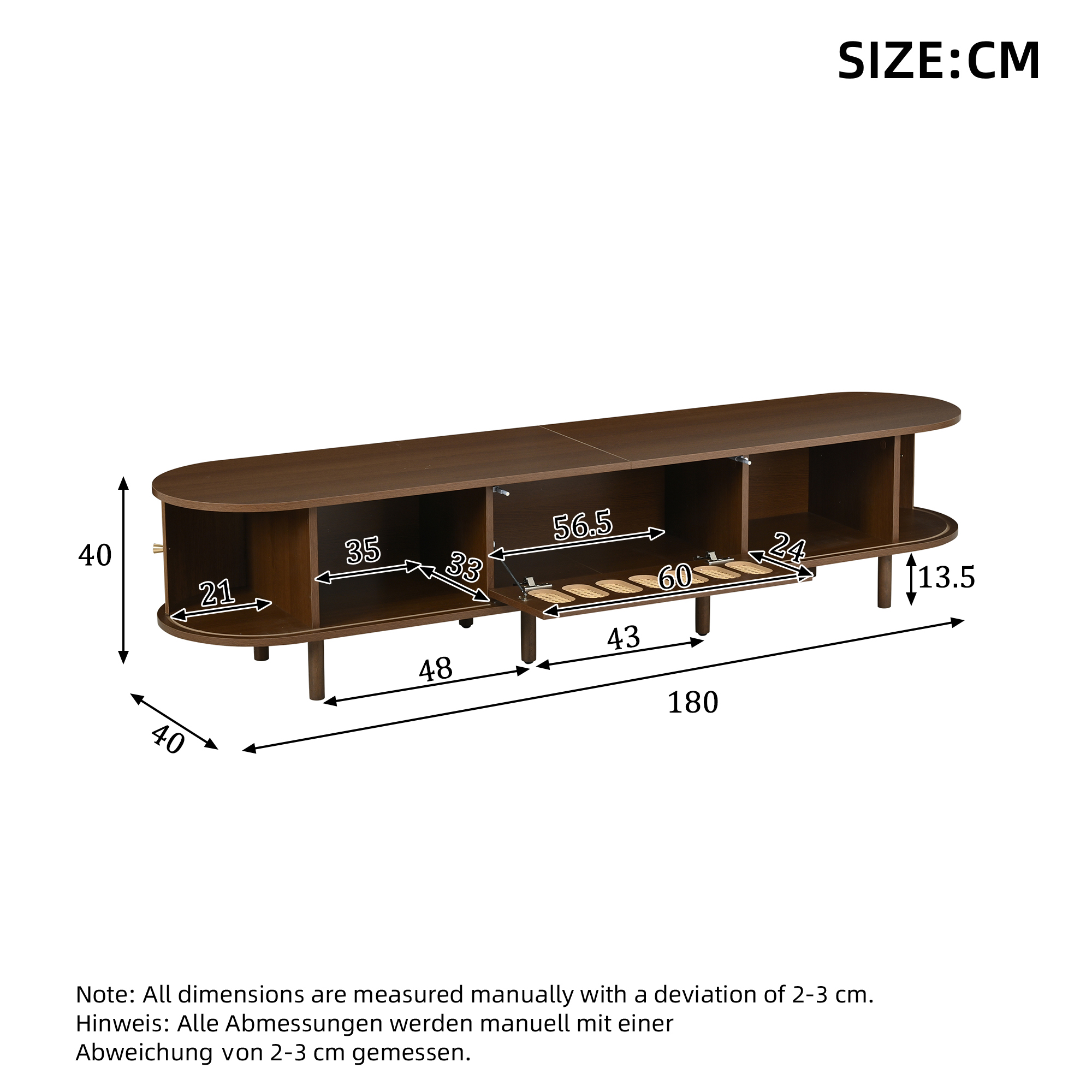 180x40x40cm Oval TV Stand In Dark Walnut, Rattan Design - MDF 30 Kg Load — image 3
