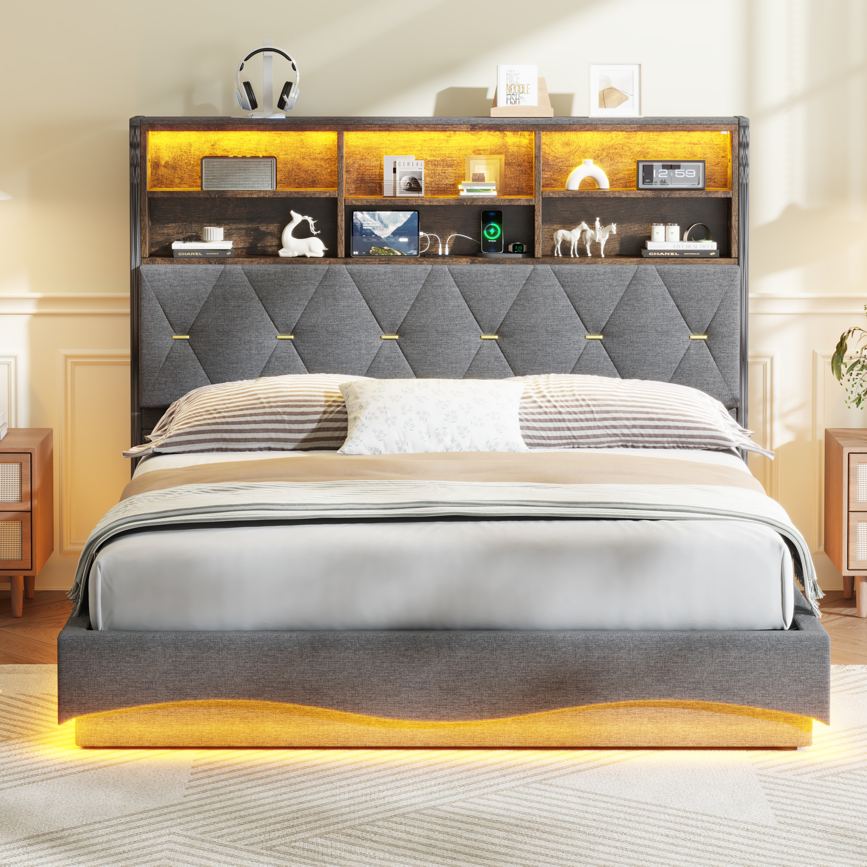 5ft King Upholstered Bed Frame With Hydraulic Storage, Wavy LED Heightened — image 2