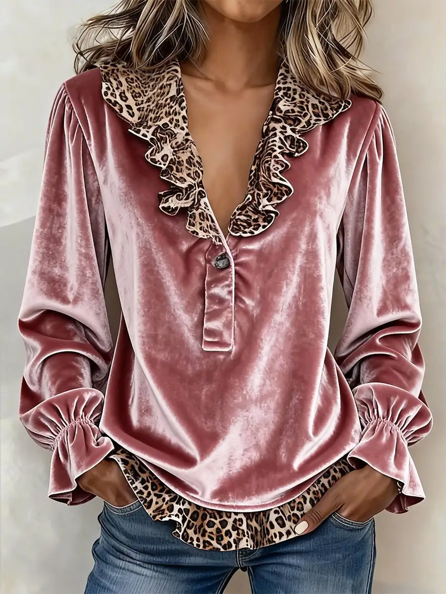 Women's Casual Leopard Print Color Block Top
