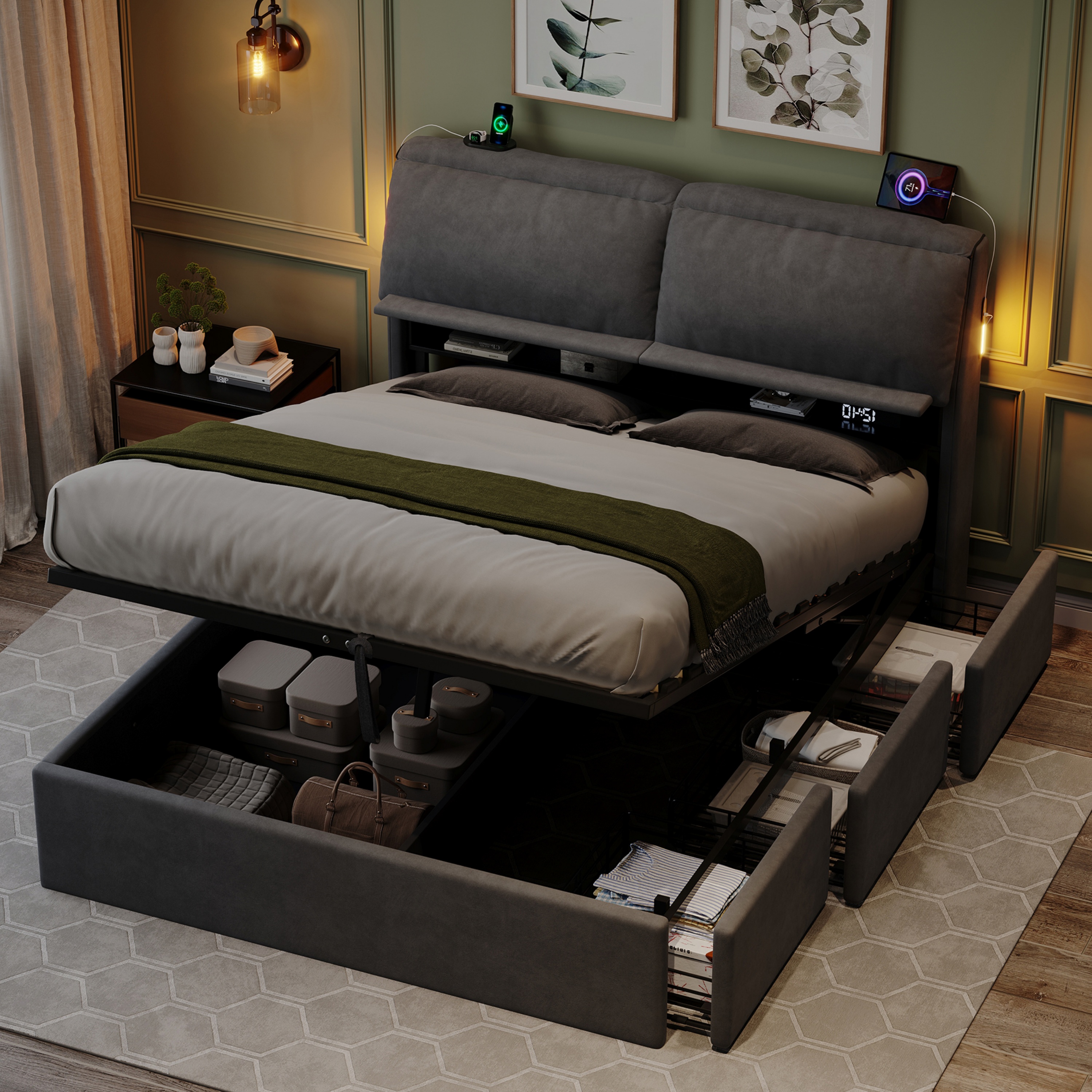 5ft King Bed With Hydraulic Storage, Velvet Upholstered Headboard Flip-top — image 2