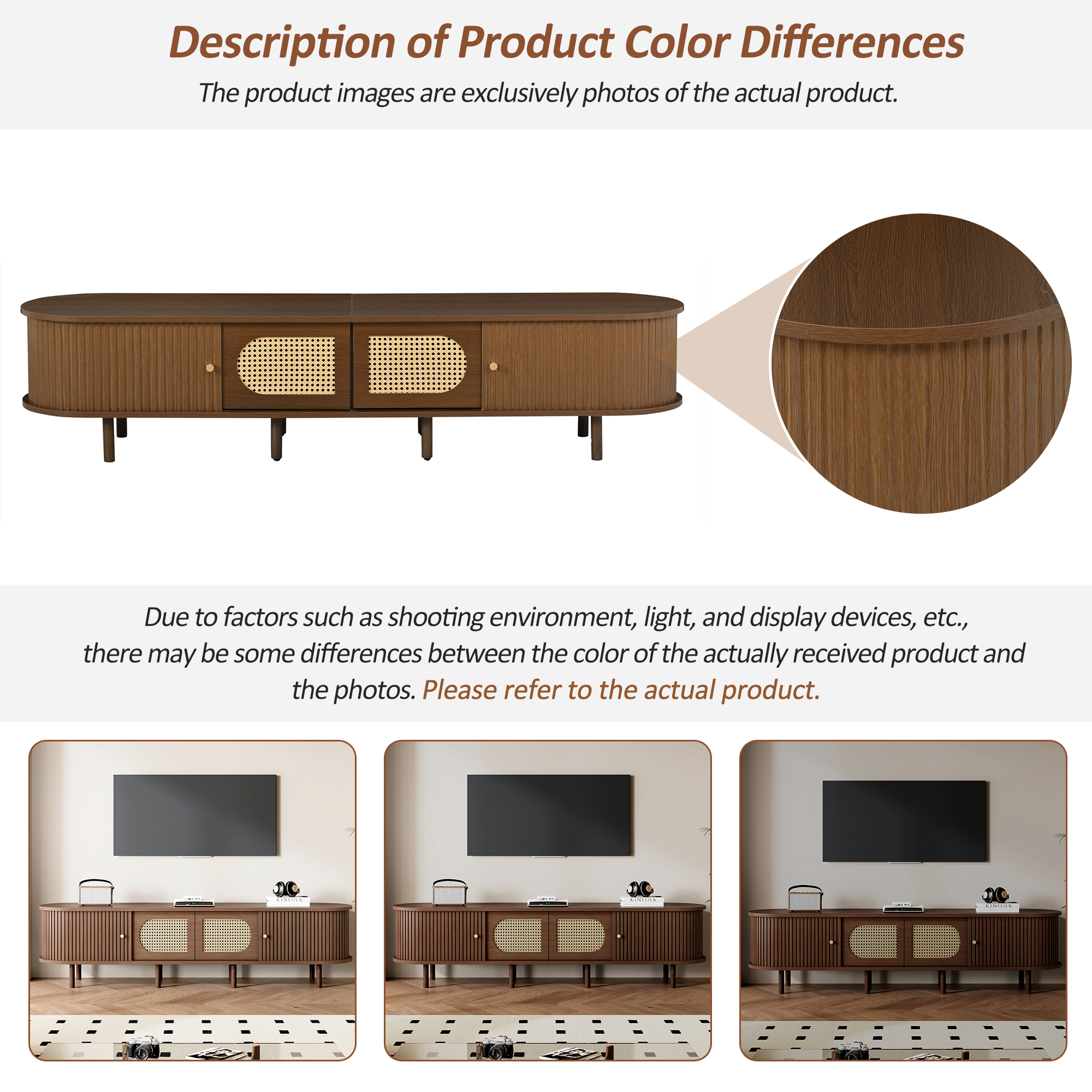 180x40x40cm Oval TV Stand In Dark Walnut, Rattan Design, Two Cabinet Doors — image 2