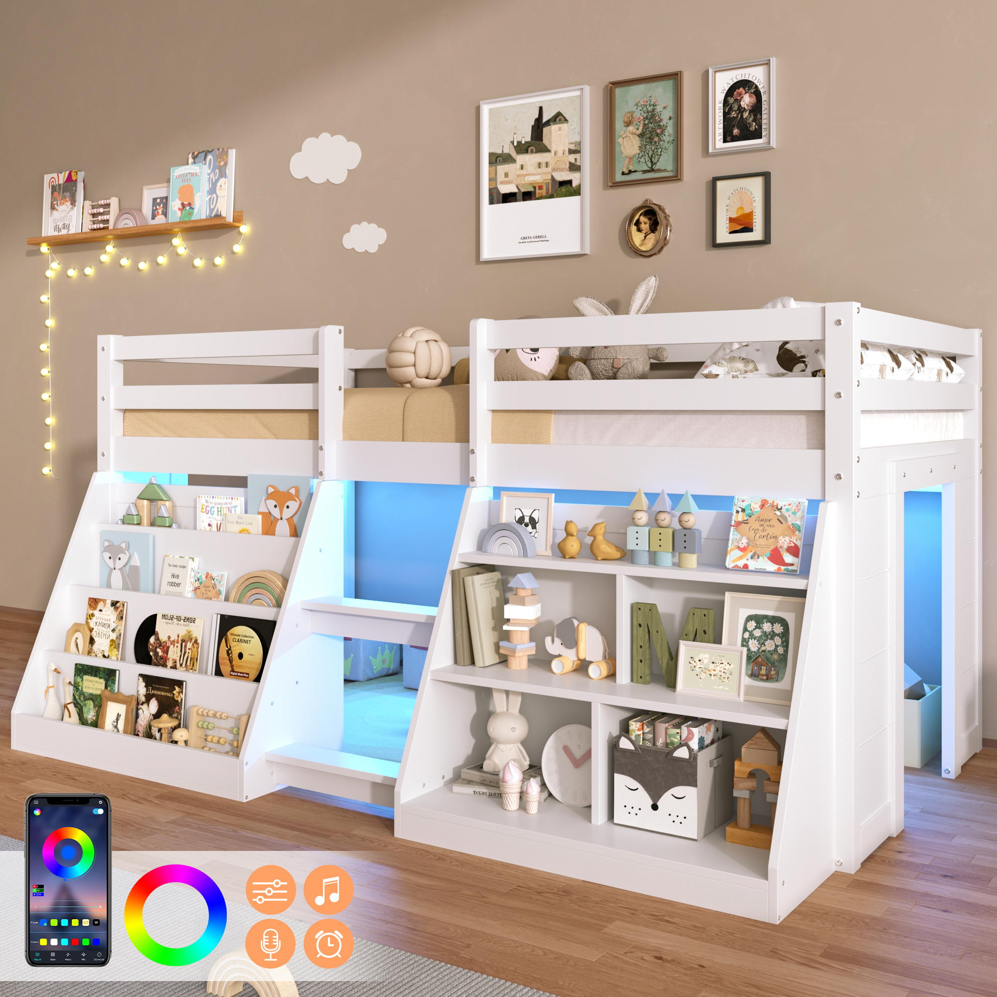 3ft Single Low Loft Bed With LED Light, Wooden Bed Frame With Stairs, Bookcase, Storage Shelf And Under-bed Play Space, Modern Bed With Safety Guardrail, Saving-space Design, White  No Mattress