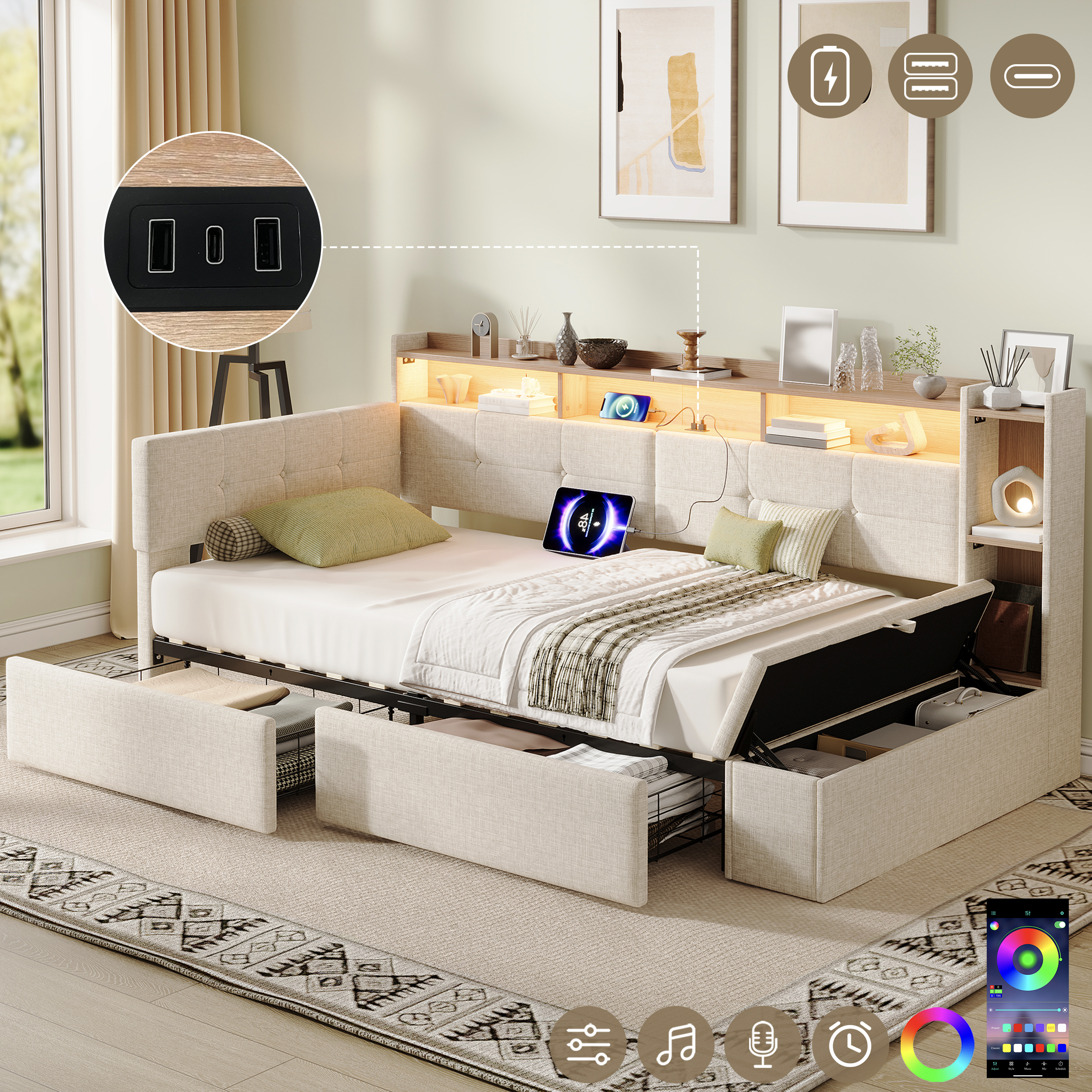 3ft Single LED Daybed With Storage Drawers And Bed End Ottoman Storage, Modern Linen Sofa Bed With Charging Station For Living Room Bedroom Study Room