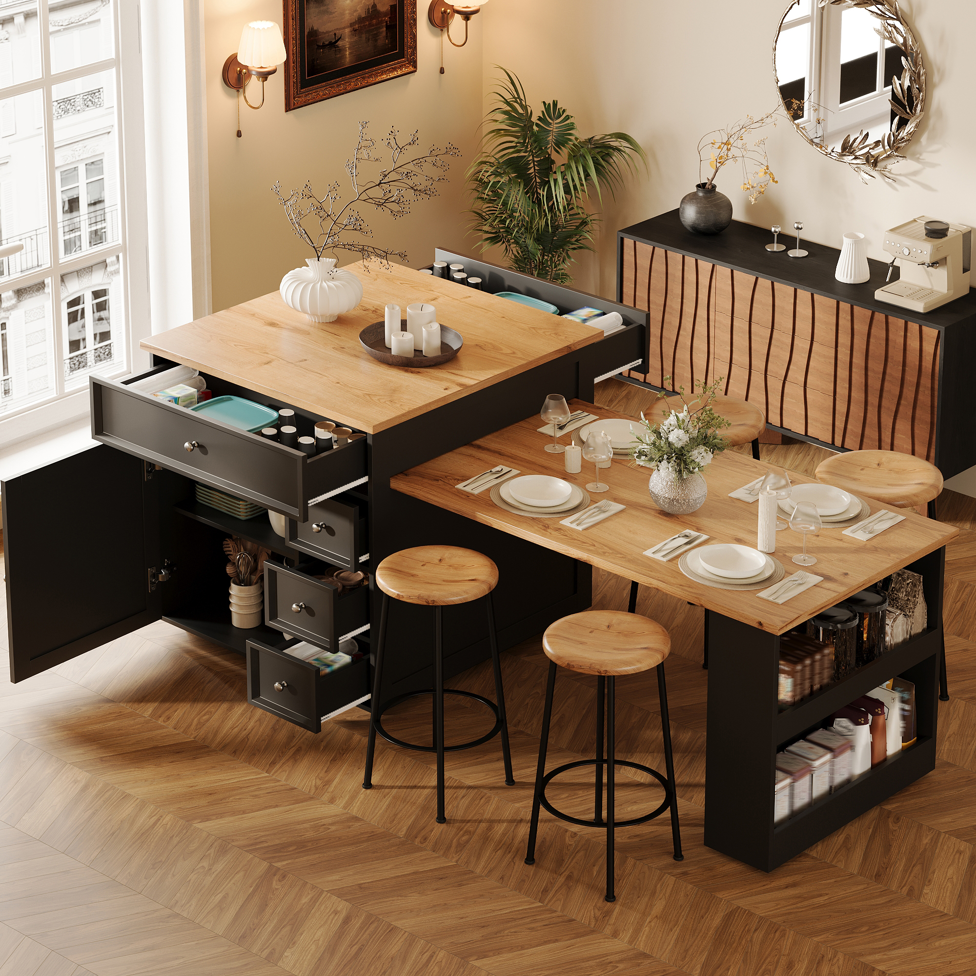 Extendable Kitchen Island 120-184 Cm With Drawers And Casters, Mobile Wood-look — image 5