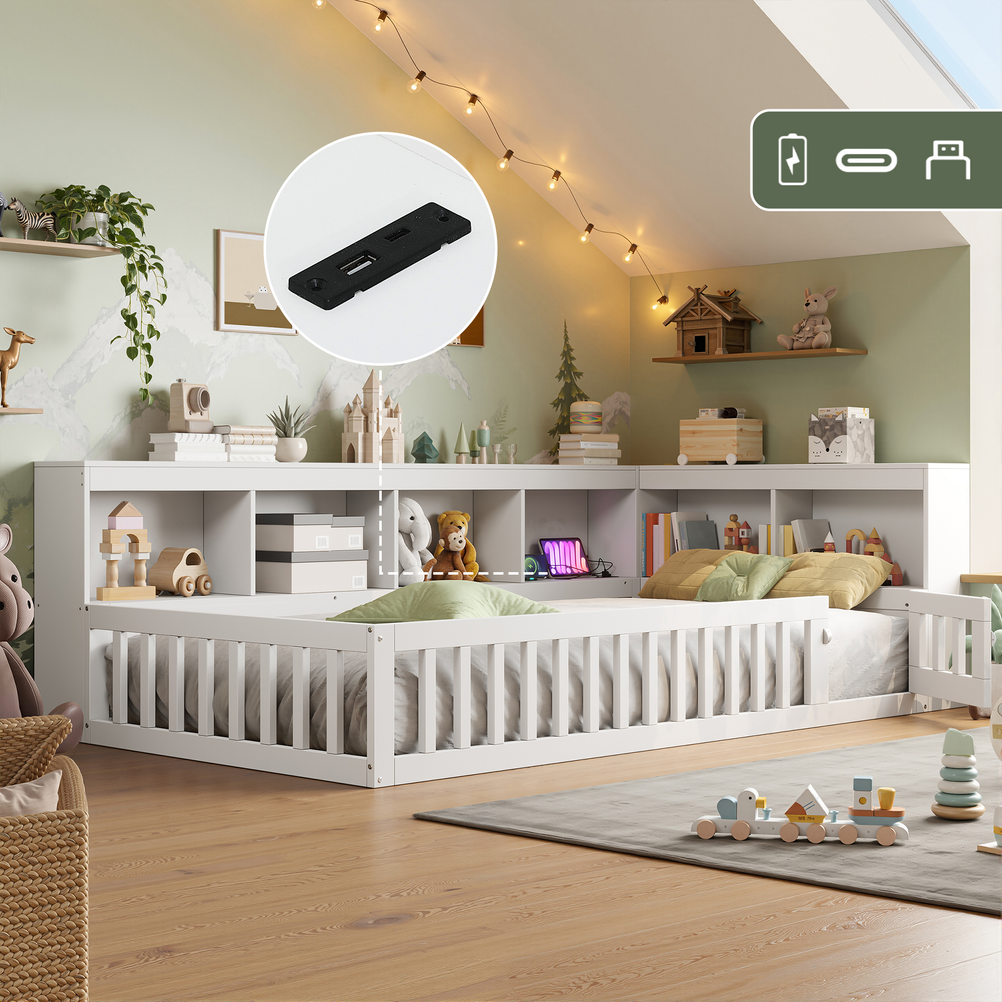 3ft Single Floor Bed Frame With Beside Bookcase And Storage Shelves, Full Floor Bed Frame With Guardrails And Door For Bedroom, USB And Type - C Ports