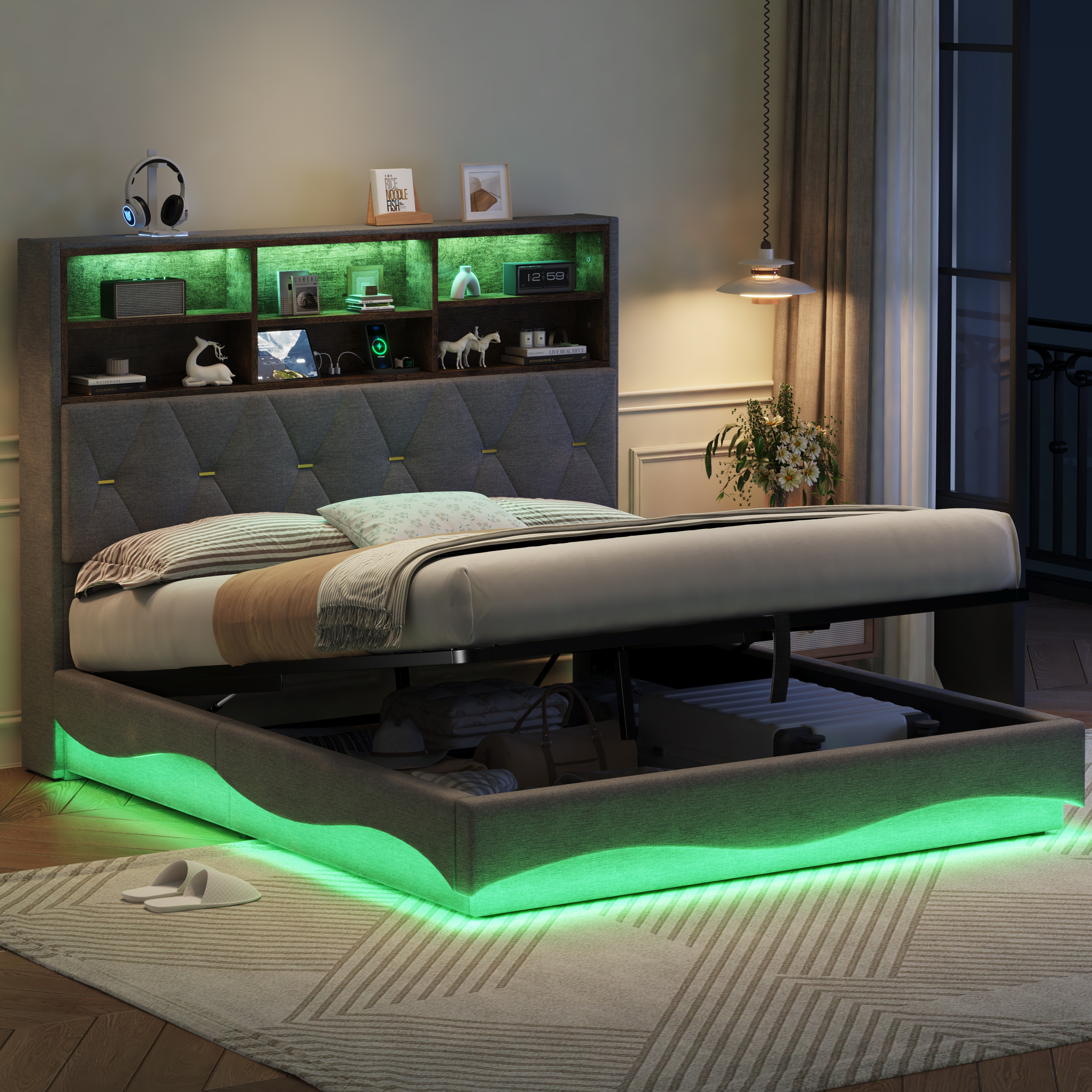 5ft King Upholstered Bed Frame With Hydraulic Storage, Wavy LED Heightened — image 5
