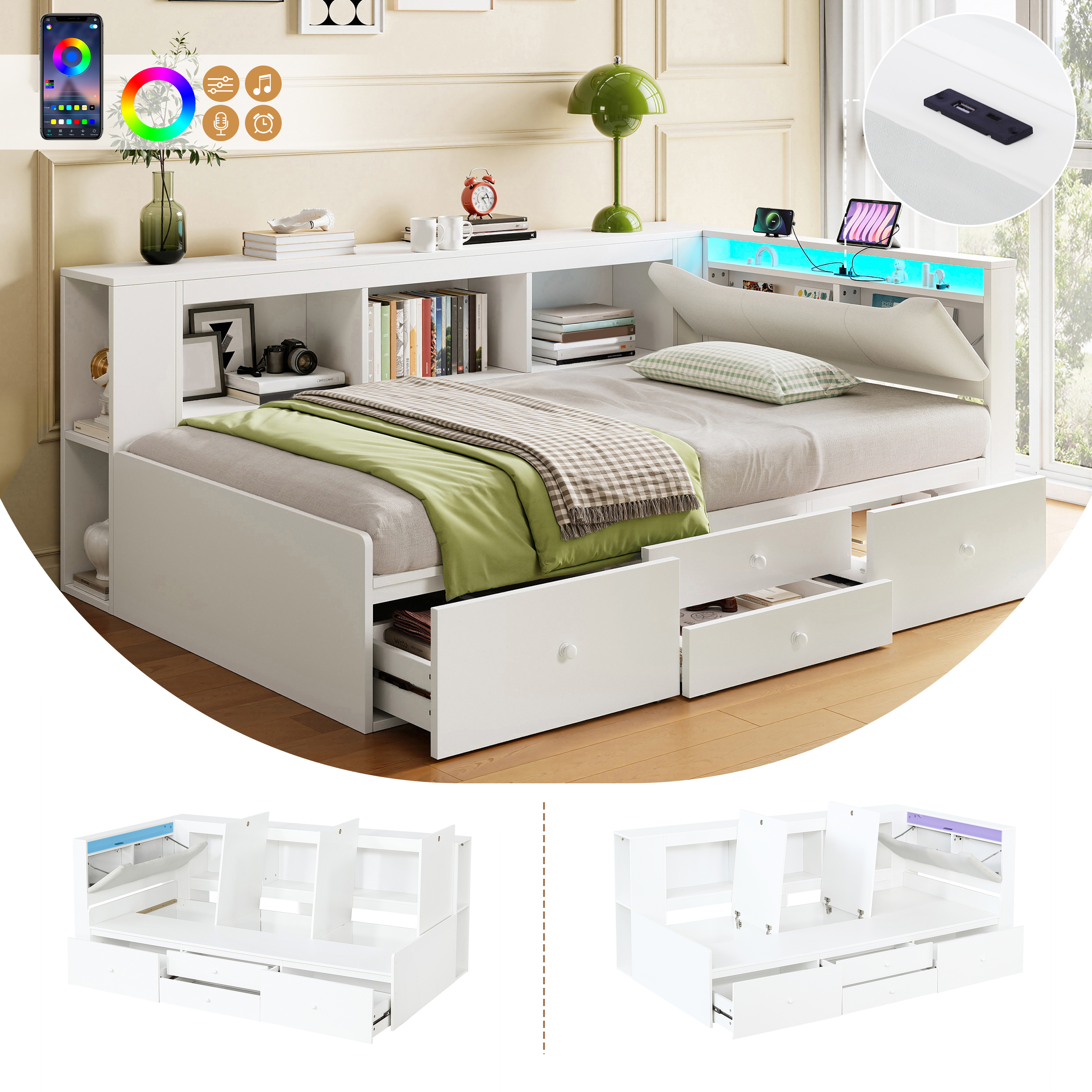 3ft Single Tatami Wooden Bed Frame With Underbed Storage And Drawers, LED Linen Headboard With Charging Station And Concealed Headboard Storage, Bedside Bookshelf Compartment, White No Mattress