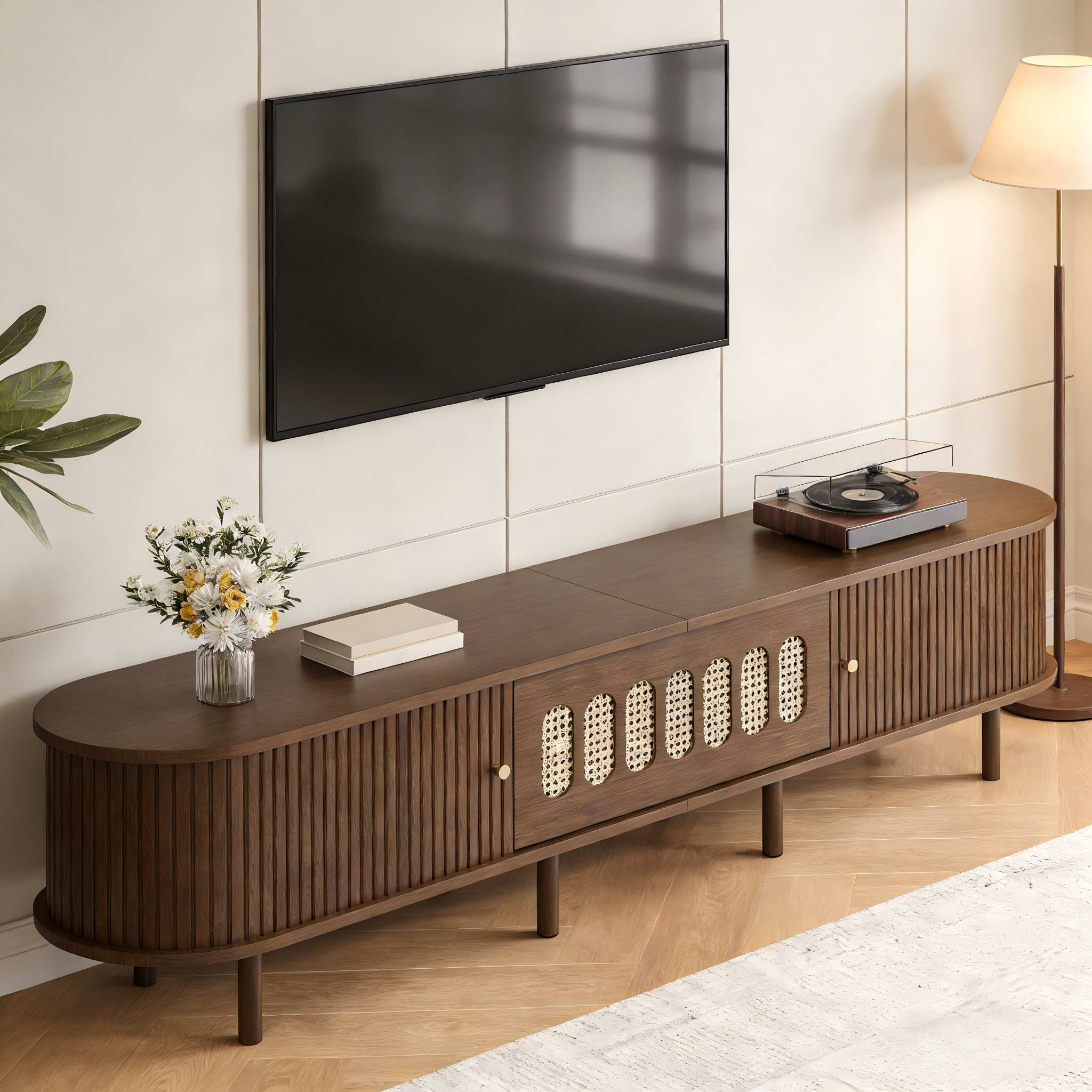 180x40x40cm Oval TV Stand In Dark Walnut, Rattan Design - MDF 30 Kg Load — image 2