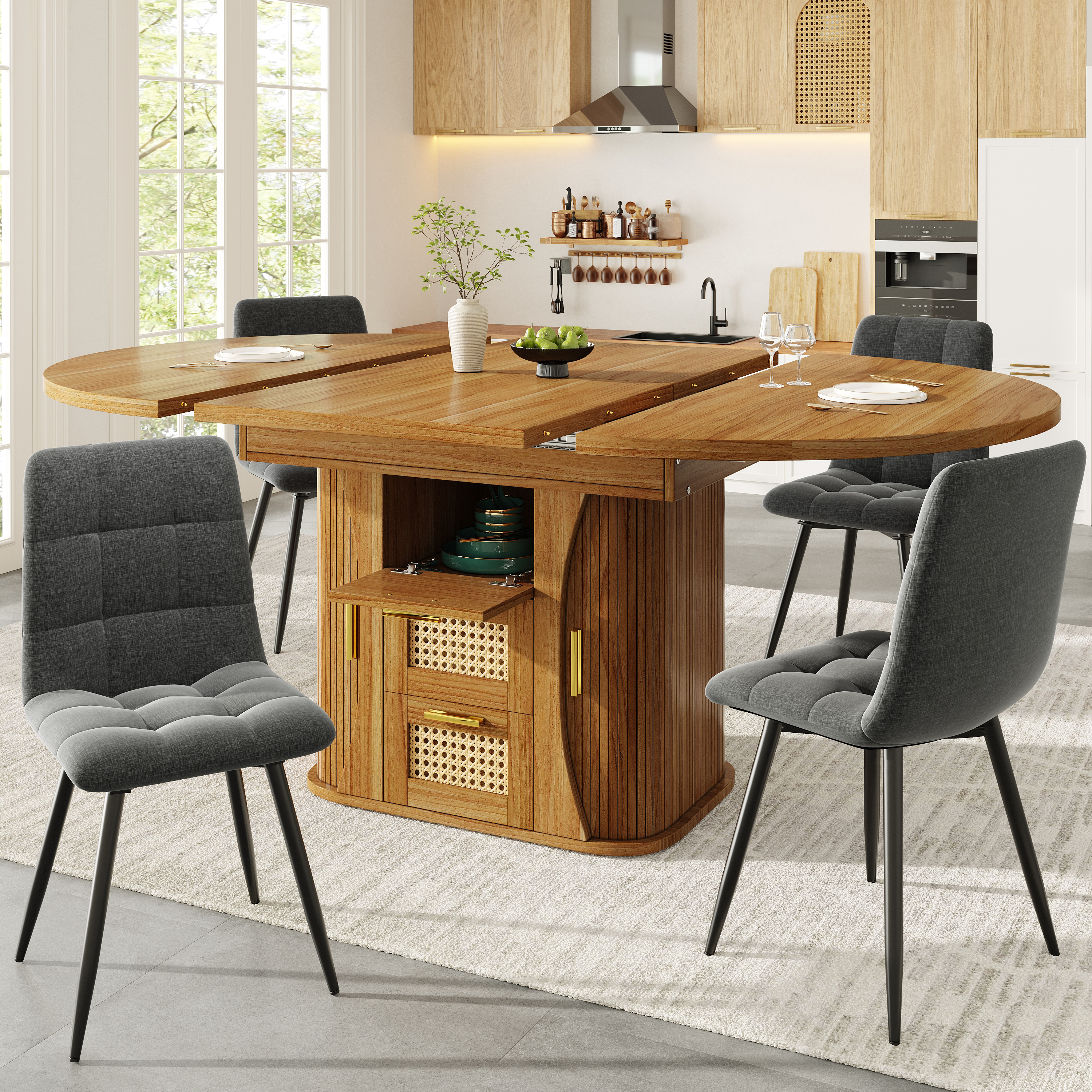 Extendable Dining Table With Storage, 118-158cm Rattan Drawers, MDF Wood Look — image 4