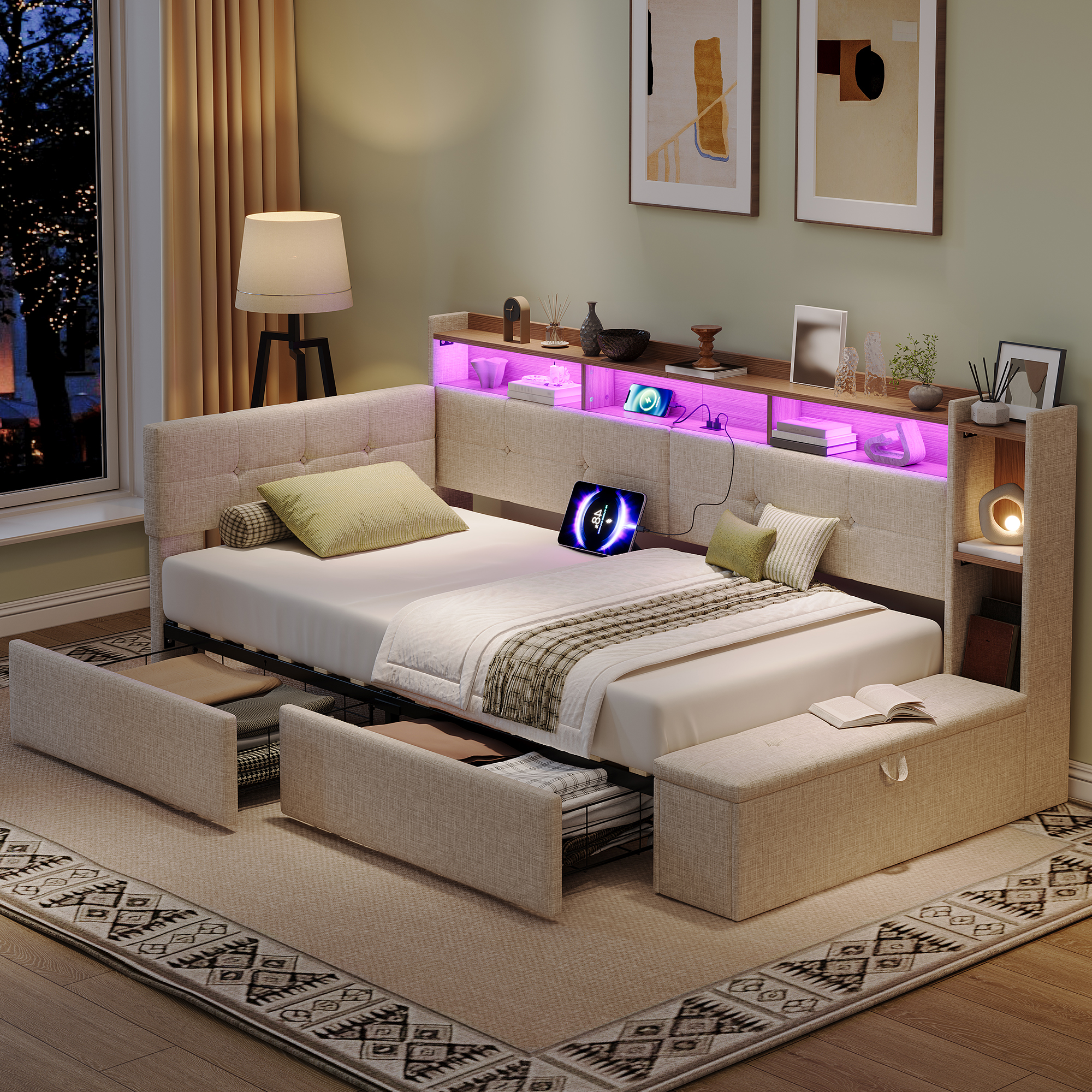 3ft Single LED Daybed With Storage Drawers And Bed End Ottoman Modern Linen — image 4