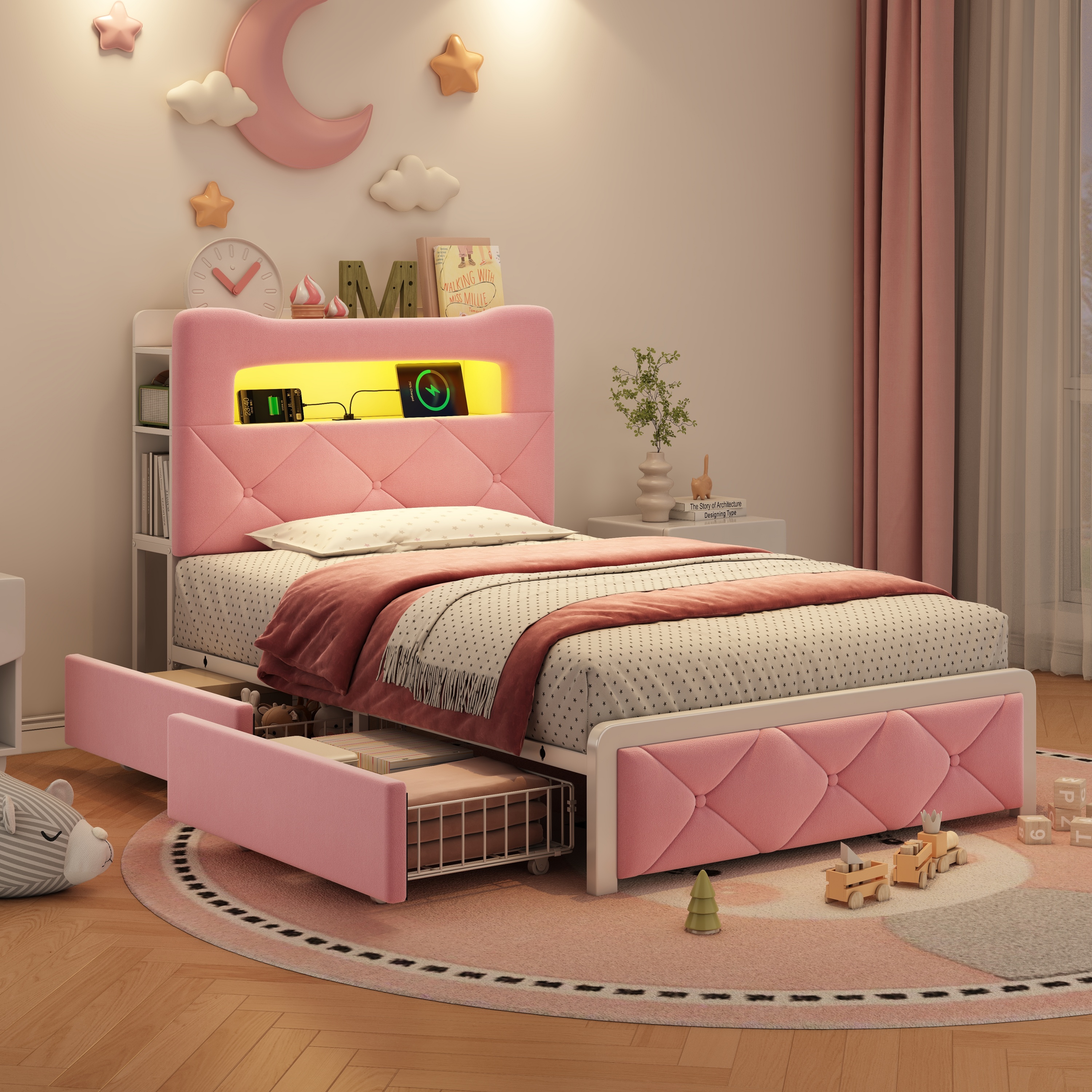 3ft Single Upholstered Bed With LED Button Tufted Bedside Storage Headboard — image 3