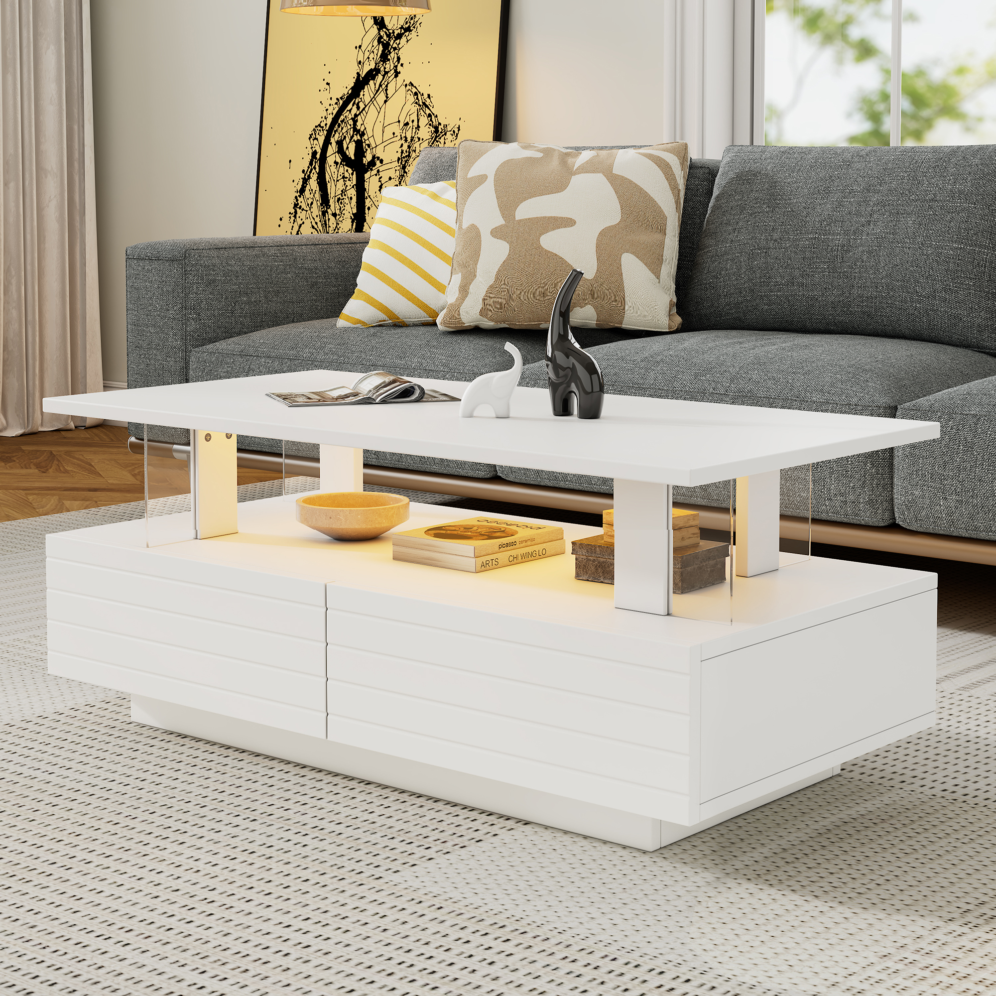 Coffee Table With Open Storage, Centre Sofa Side 2drawers, Rectangle End LED — image 2