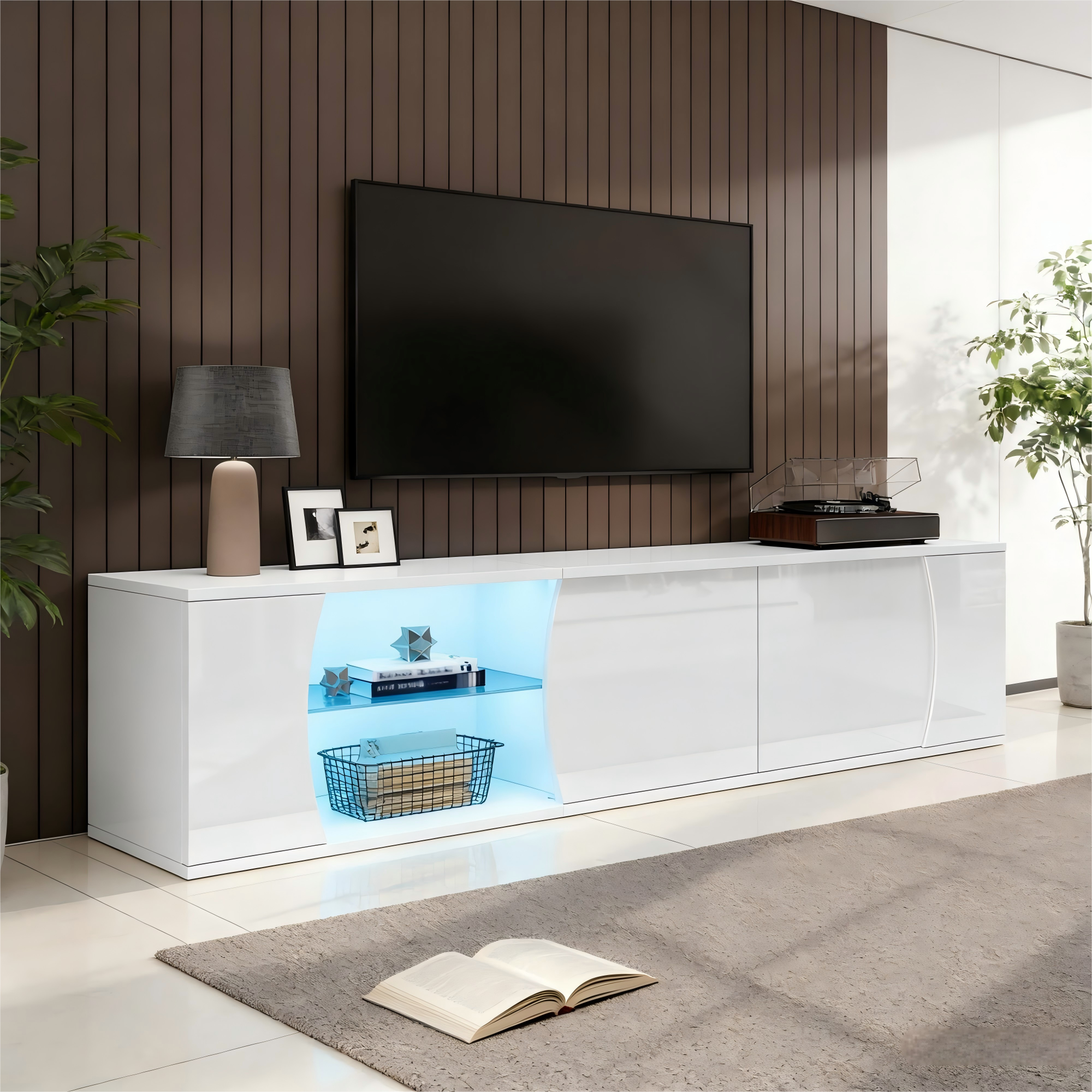 180x40x45cm TV Cabinet, Lowboard With 3 Cabinet Doors, Tempered Glass Cabinet, High-quality Entertainment TV Cabinet With LEDs, Freestanding TV Stand,