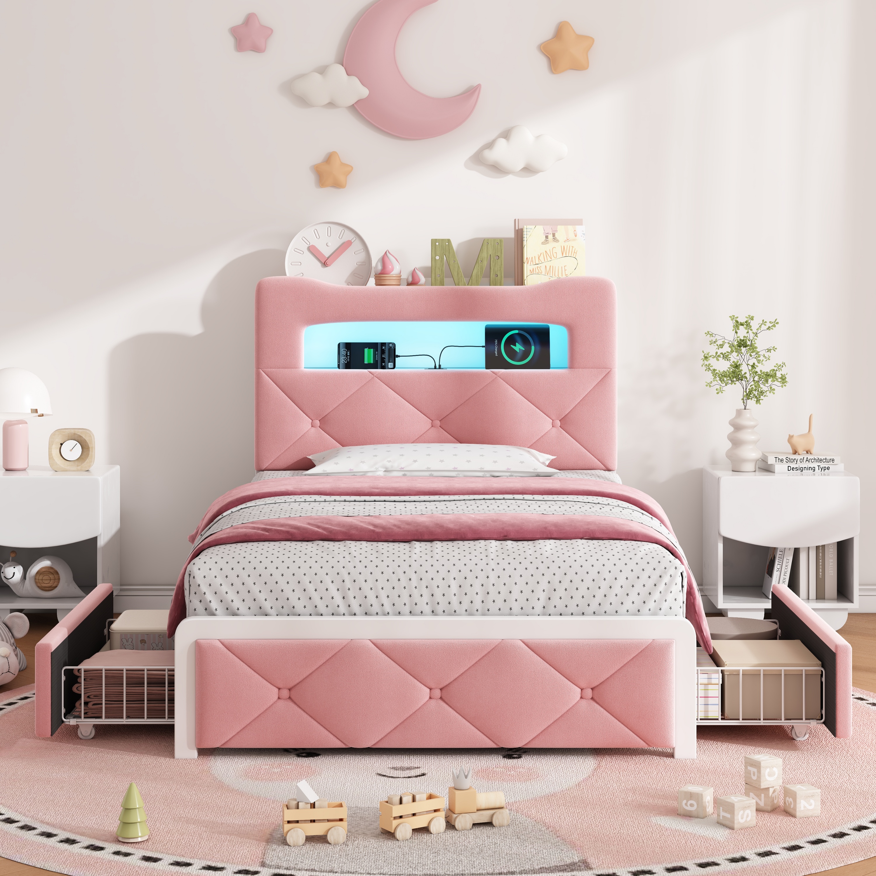 3ft Single Upholstered Bed With LED Button Tufted Bedside Storage Headboard — image 4