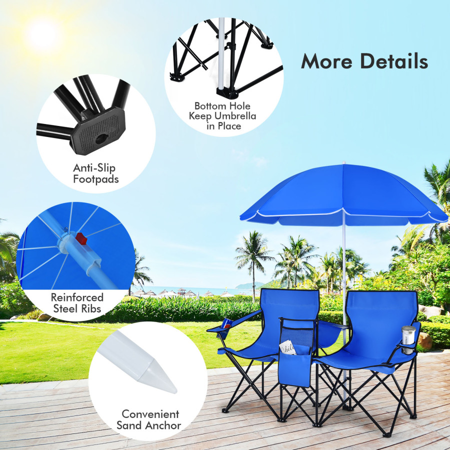 Portable Folding Picnic Double Chair With Umbrella-Blue