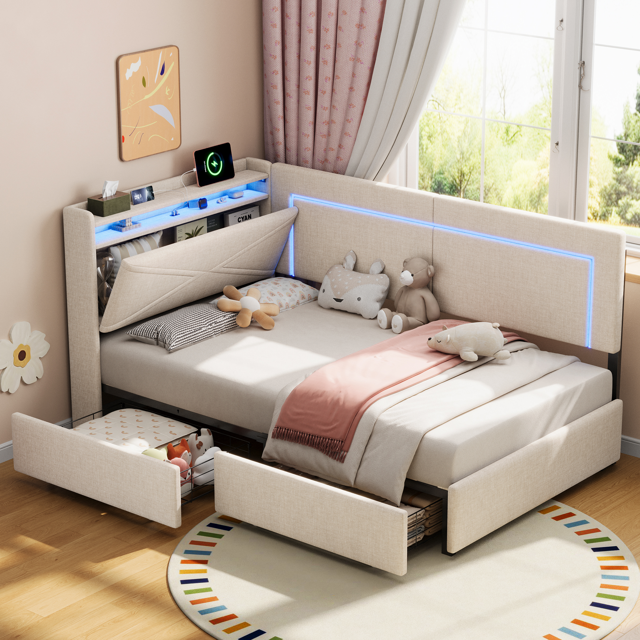 3ft Single Daybed With Two Storage Drawers, LED Concealed Headboard Charging — image 4
