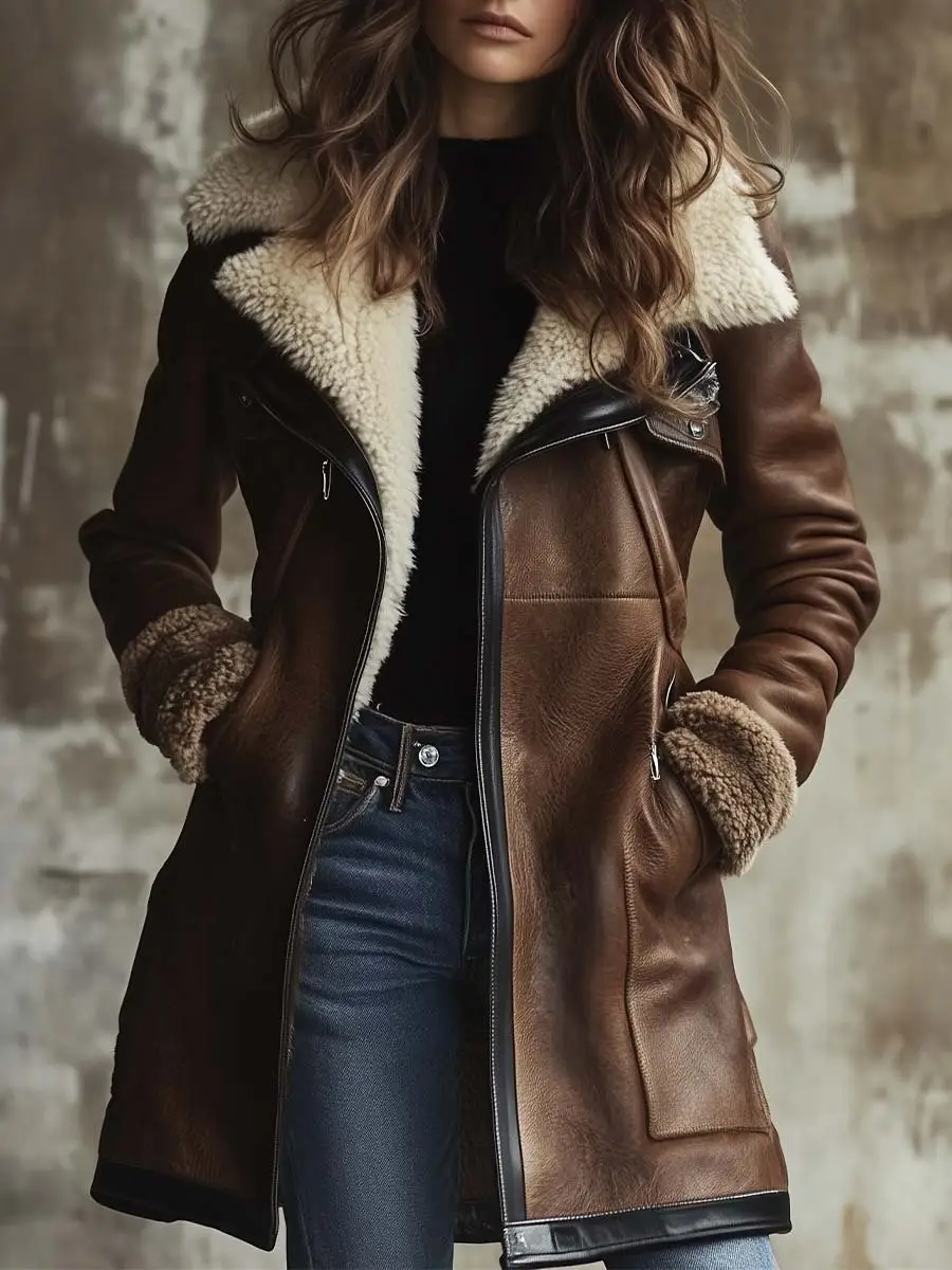 Women's Vintage Contrast Lambskin Collar Faux Leather
