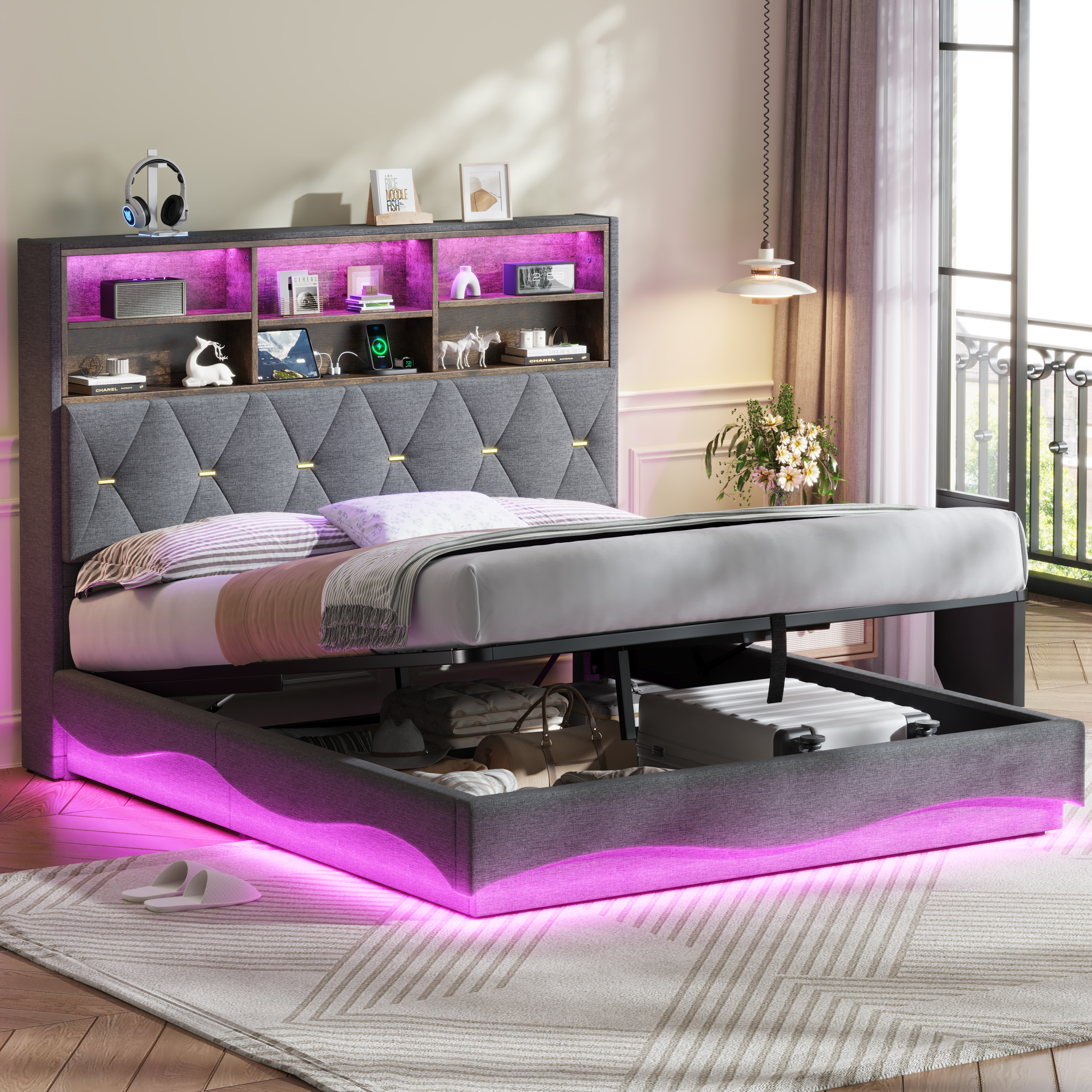 5ft King Upholstered Bed Frame With Hydraulic Storage, Wavy LED Heightened — image 4
