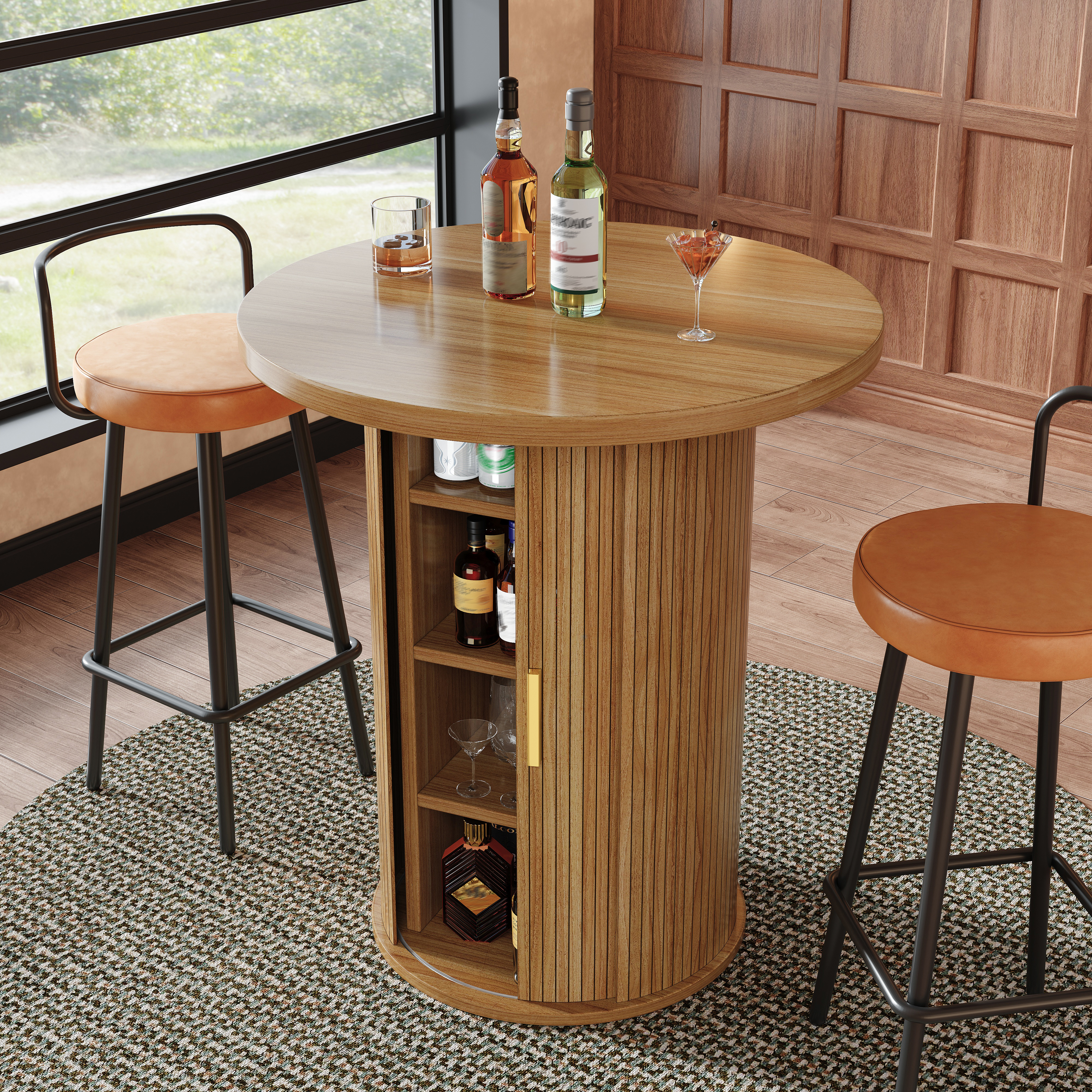 Round Bar Table With Storage, 91.6cm High Standing Cabinet, MDF Wood Look, Load
