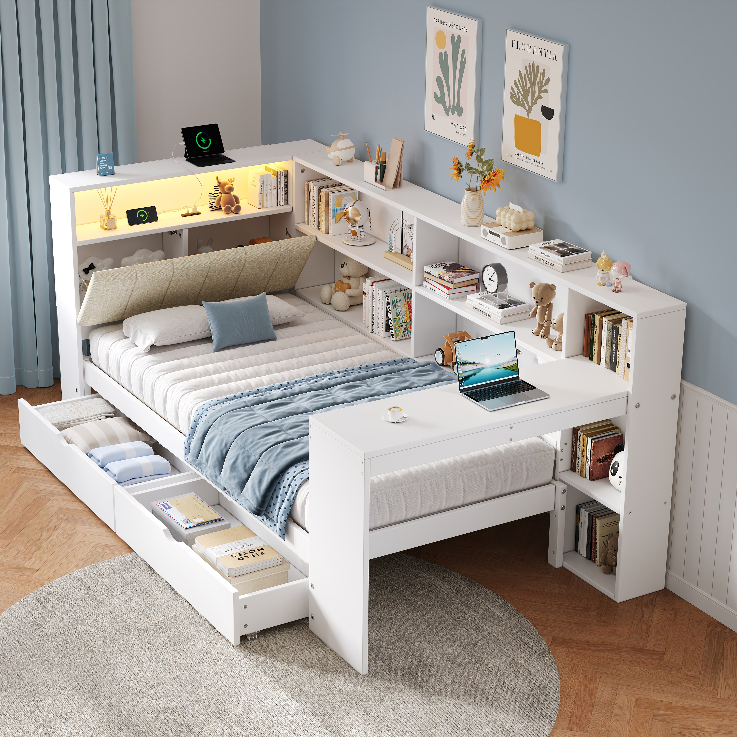 3ft Single L-Shape Daybed With Storage Drawers And Bookcase LED Linen Concealed — image 5