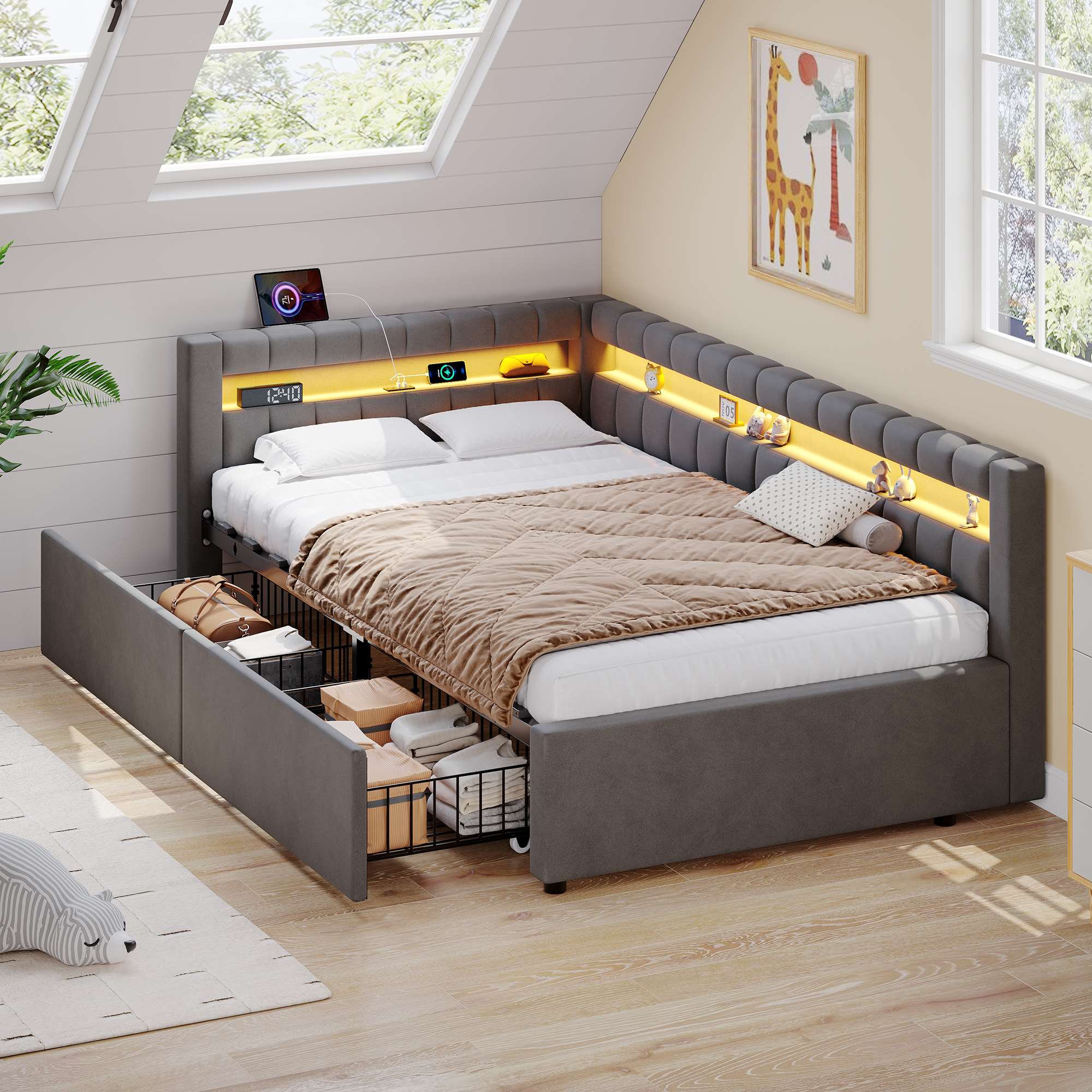 3ft Single Daybed With Two Storage Drawers, LED Modern Channel Tufted Bed Frame — image 2