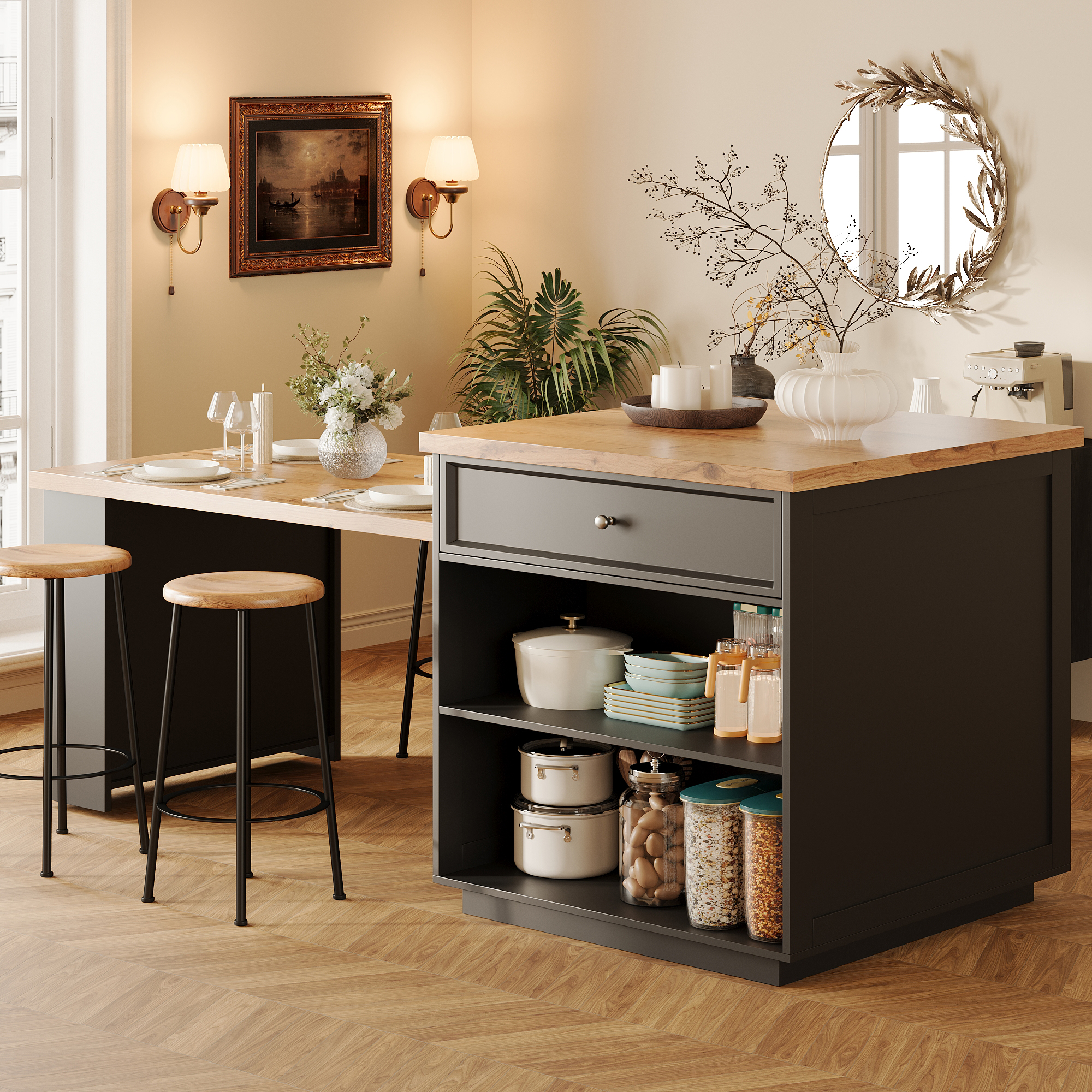 Extendable Kitchen Island 120-184 Cm With Drawers And Casters, Mobile Wood-look — image 4