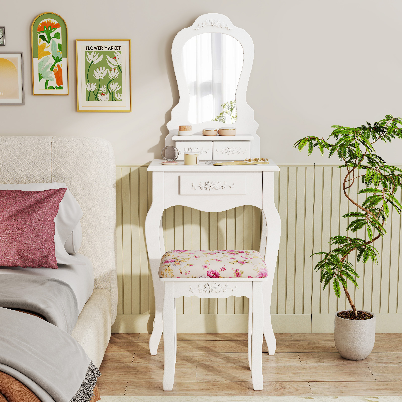 Makeup Dressing Table And Bench 3 Drawers And Cushioned Stool For…