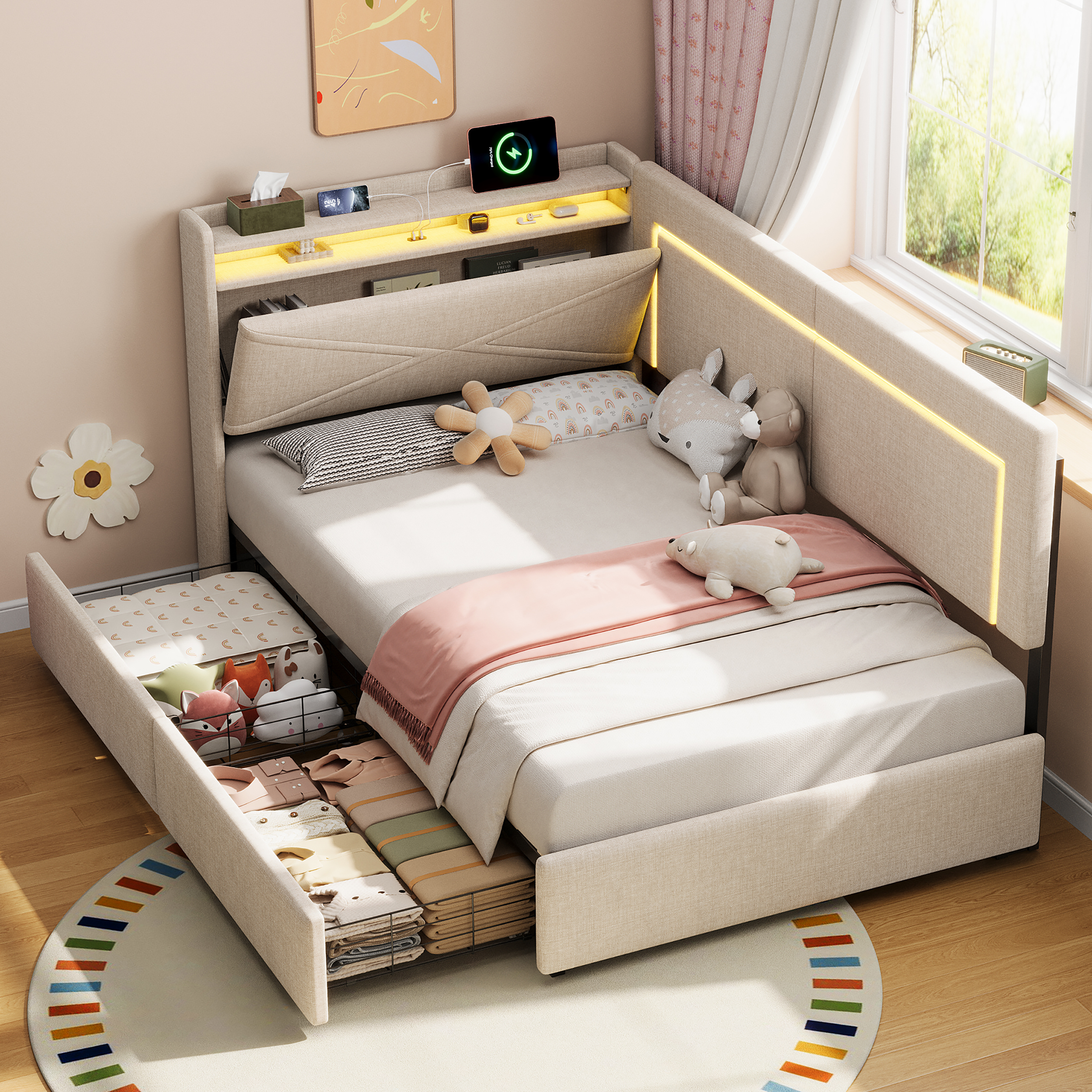 3ft Single Daybed With Two Storage Drawers, LED Concealed Headboard Charging