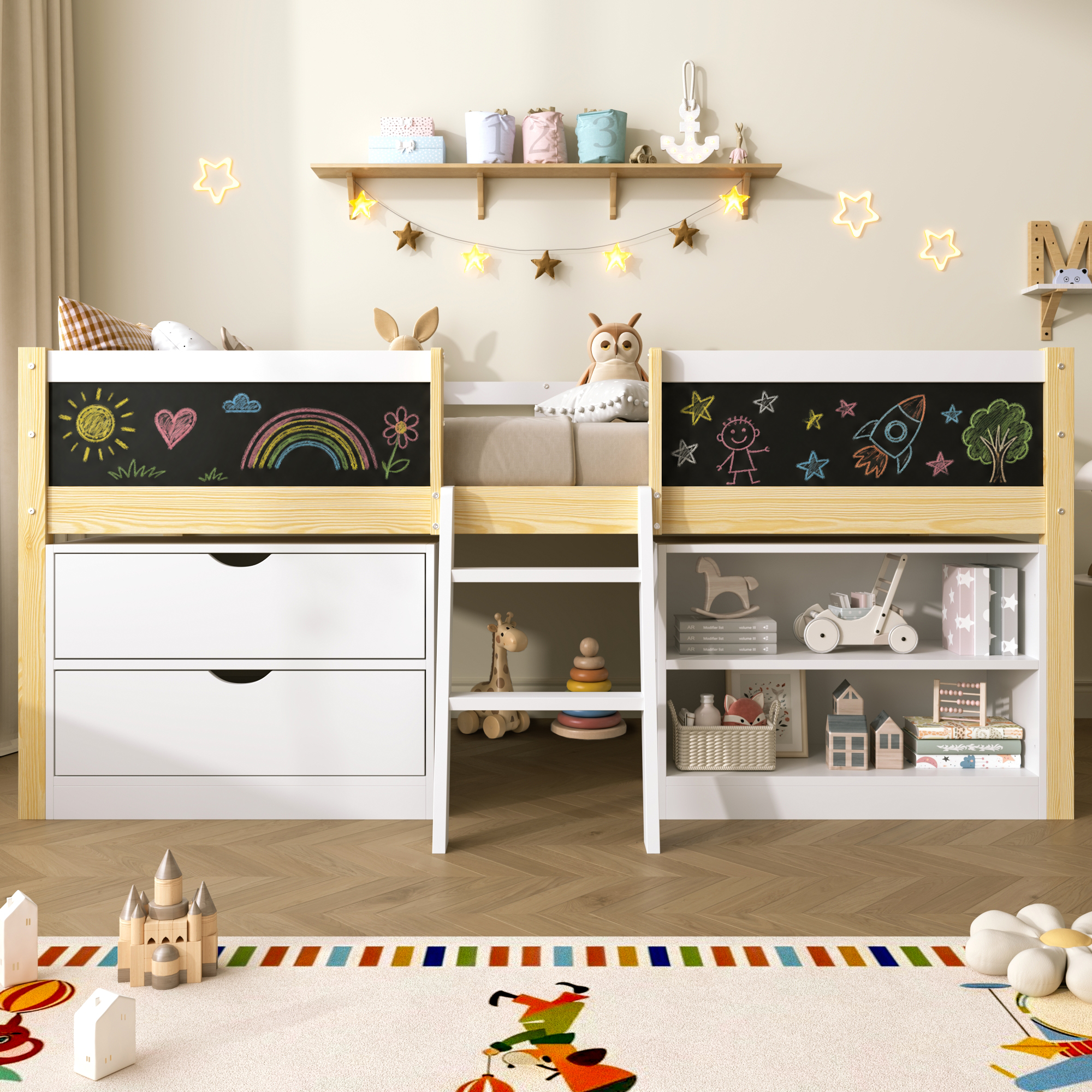 3ft Single Low Loft Bed With Blackboard, Modern Wood Frame Drawers And Storage — image 3