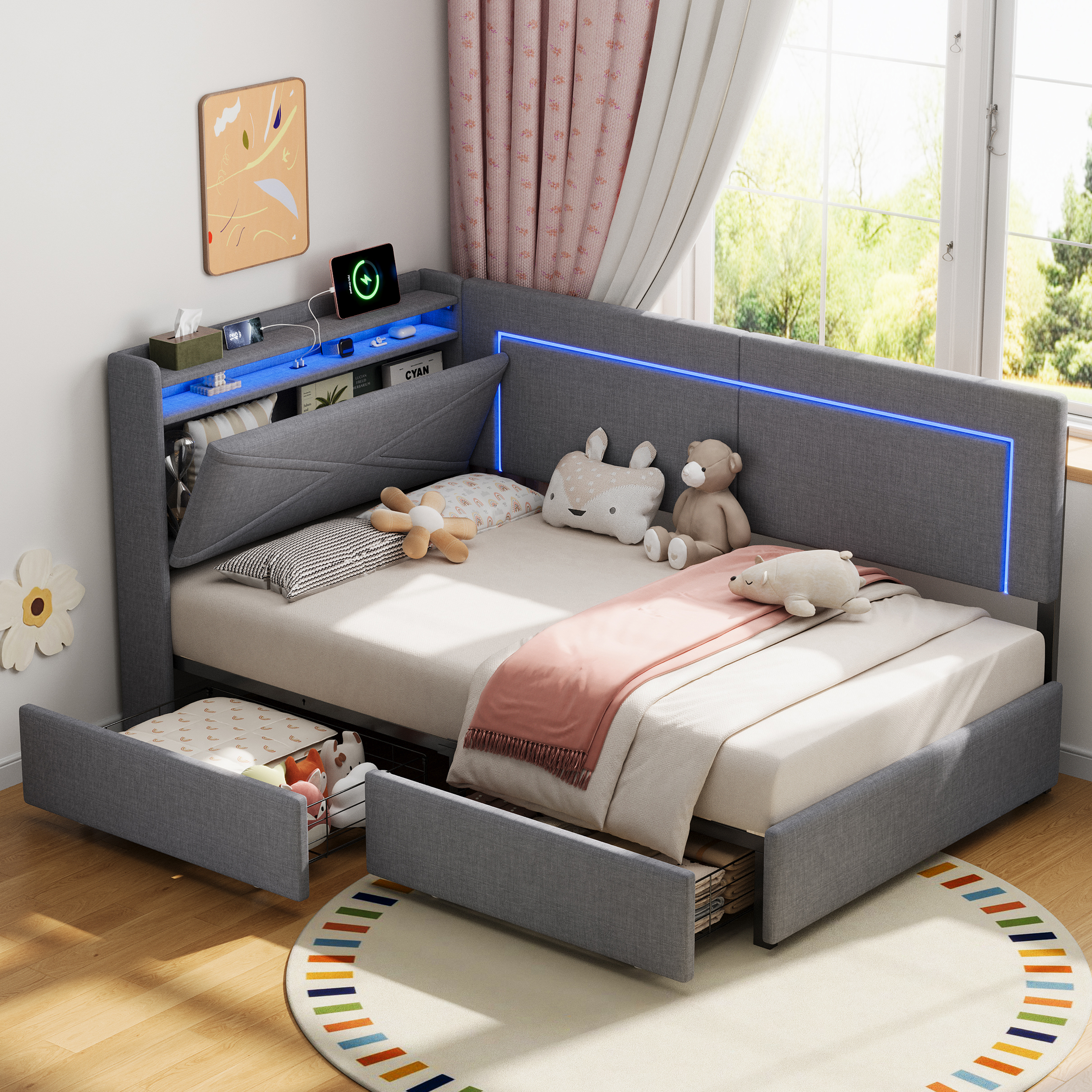 3ft Single Daybed With Two Storage Drawers, LED Concealed Headboard Charging — image 5