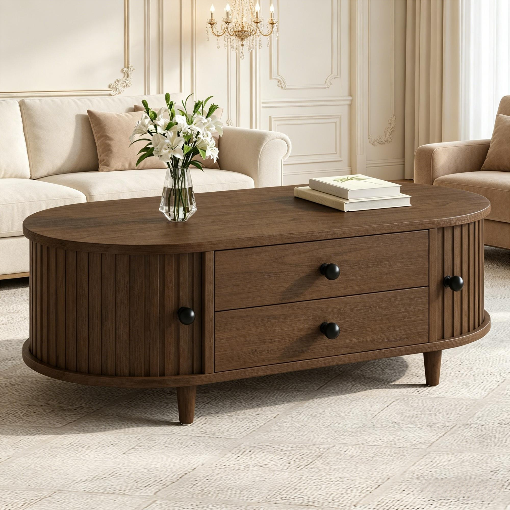 Oval Coffee Table With Two Sliding Doors, Rounded Corners, Sofa Table With Storage Space, Side Table With Central Storage Area, Made Of Wood, MDF, Wal