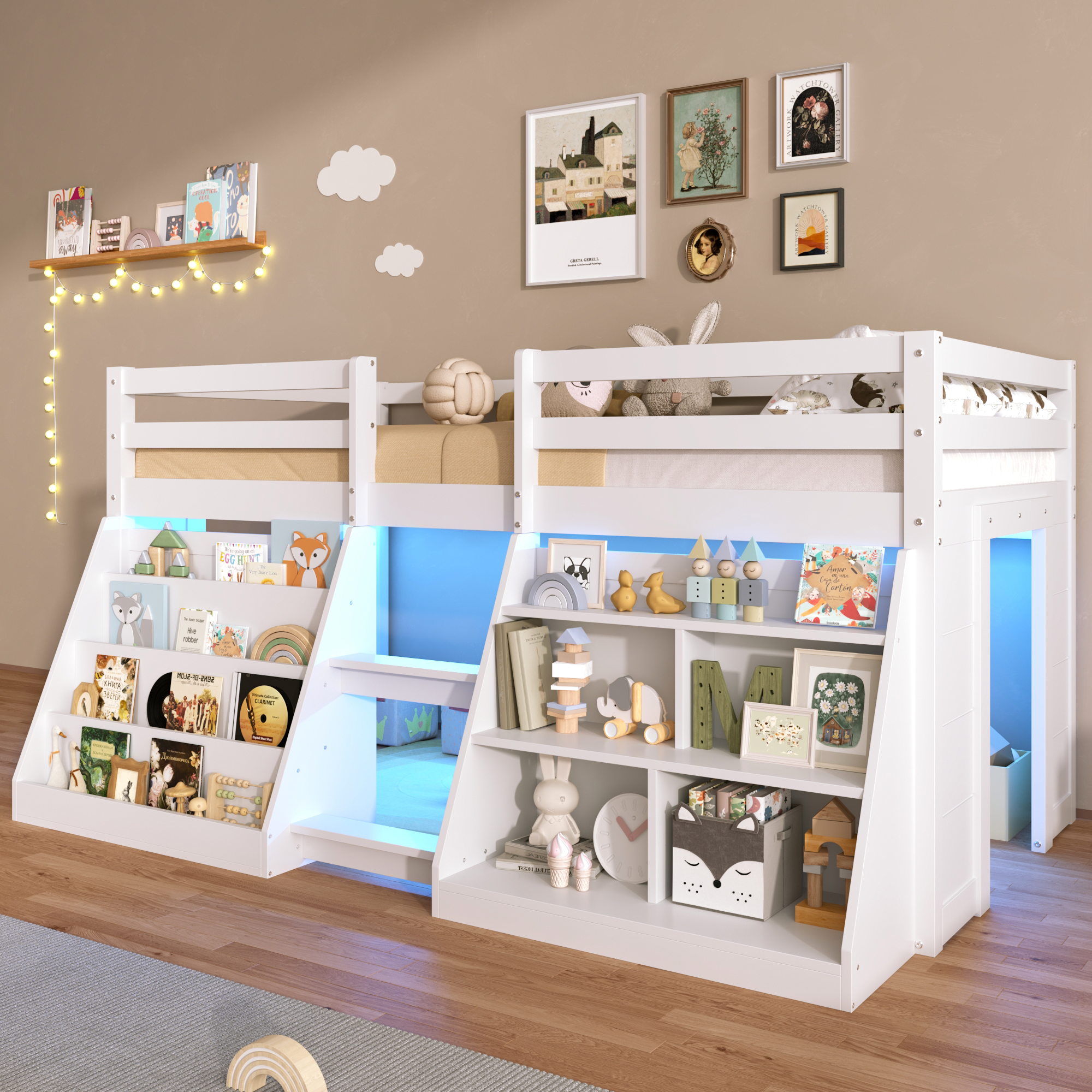 3ft Single Low Loft Bed With LED Light, Wooden Frame Stairs, Bookcase, Storage — image 4