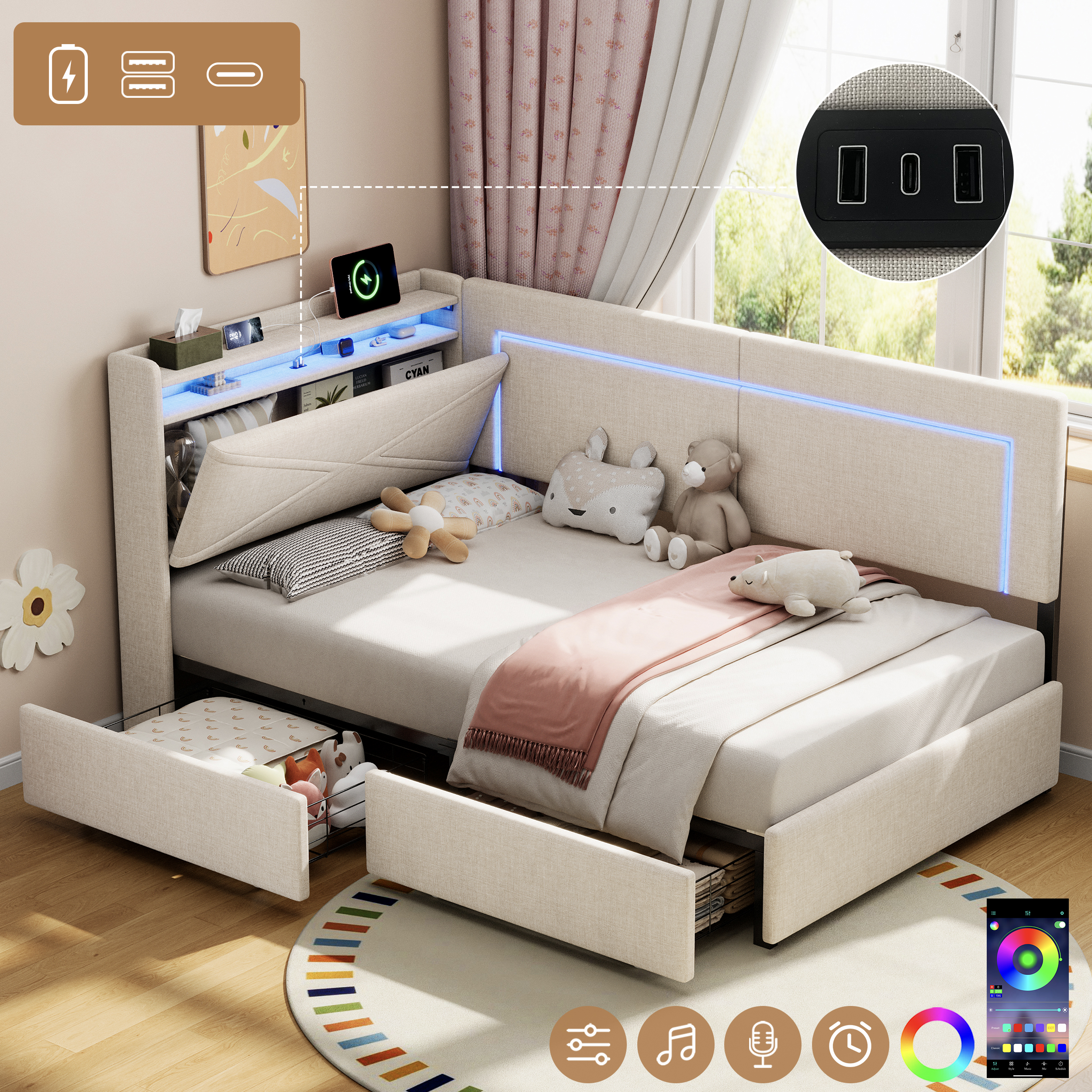 3ft Single Daybed With Two Storage Drawers, LED Concealed Headboard Storage With Charging Station, Modern Linen Sofa Bed For Living Room Bedroom Study