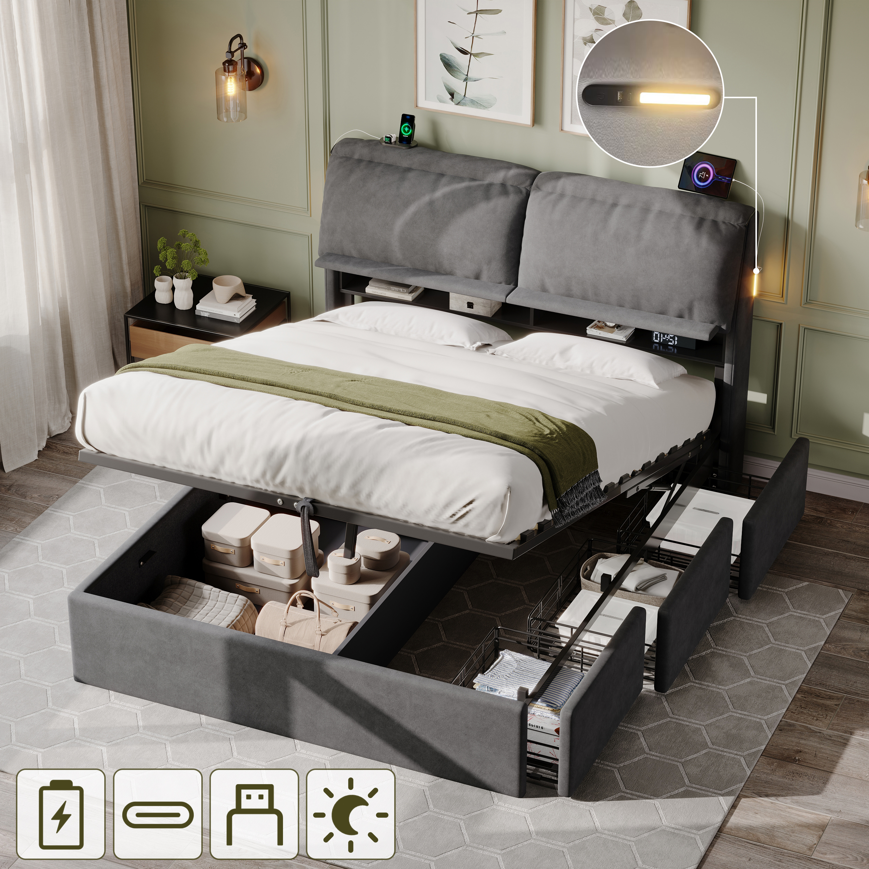 5ft King Bed With Hydraulic Storage, Velvet Upholstered Bed With Headboard Flip-top Storage And Drawers, Back Cushion Headboard With Charging Station And LED Night Light, Grey  No Mattress