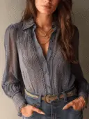 Textured Pleated Sleeve Sheer Chiffon Shirt view 1