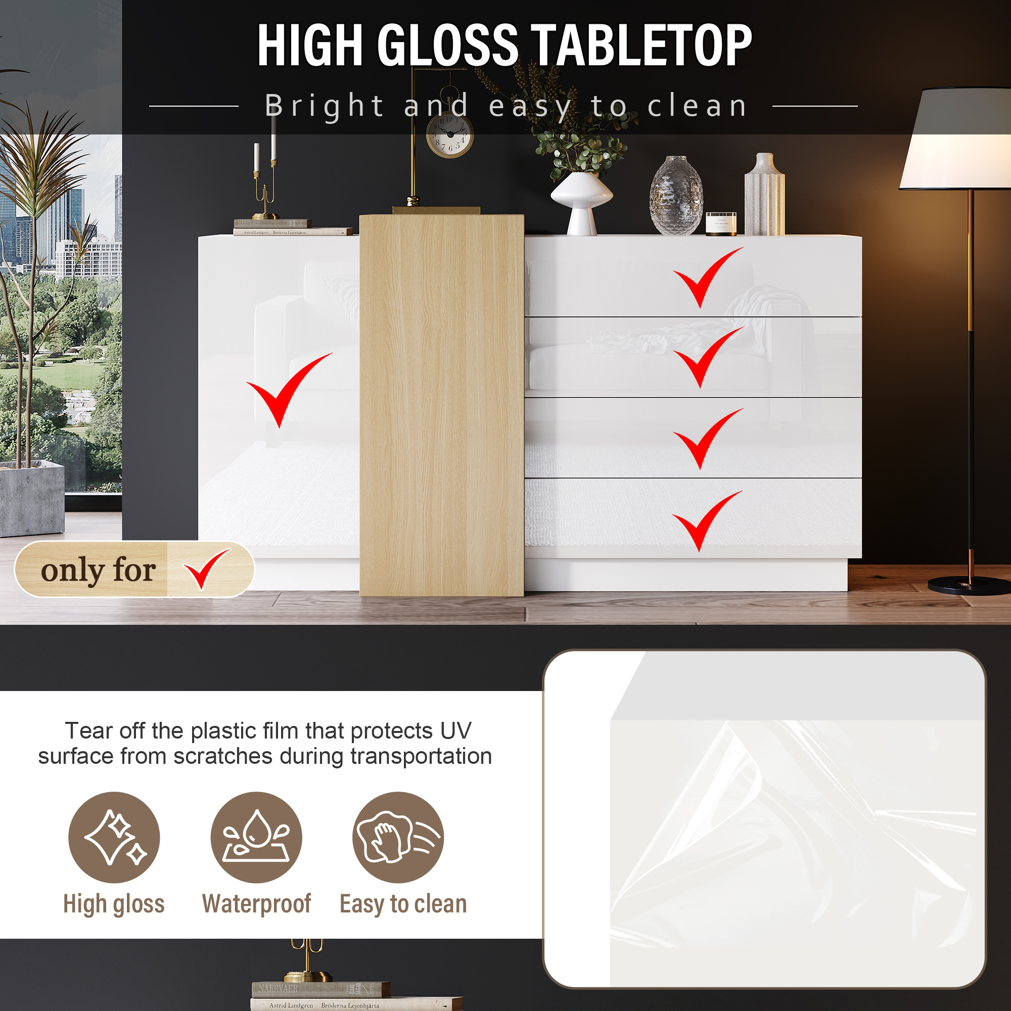 White High-Gloss Sideboard Cupboard With 4 Drawers, Modern Dining Room Large — image 5