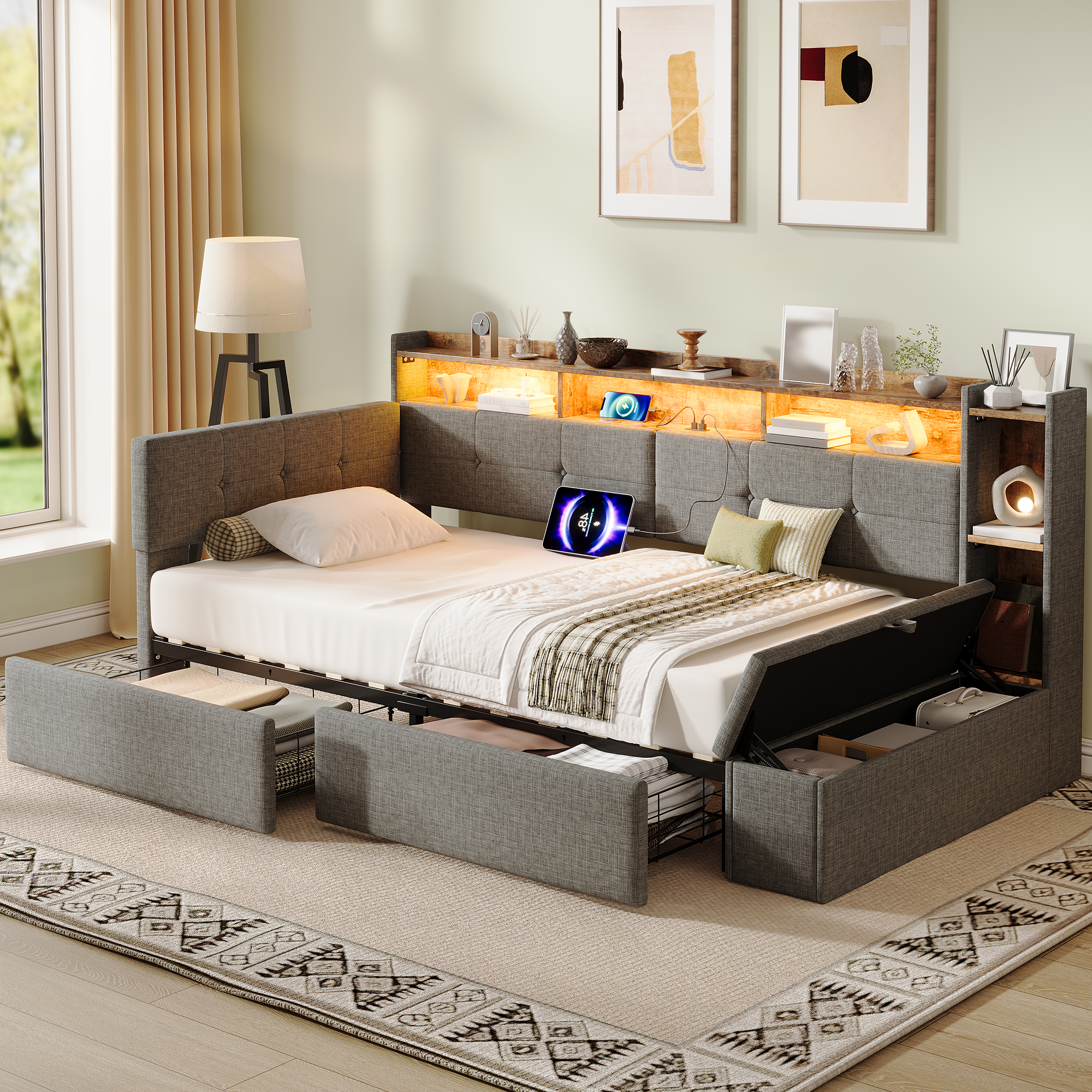 3ft Single LED Daybed With Storage Drawers And Bed End Ottoman Modern Linen — image 2