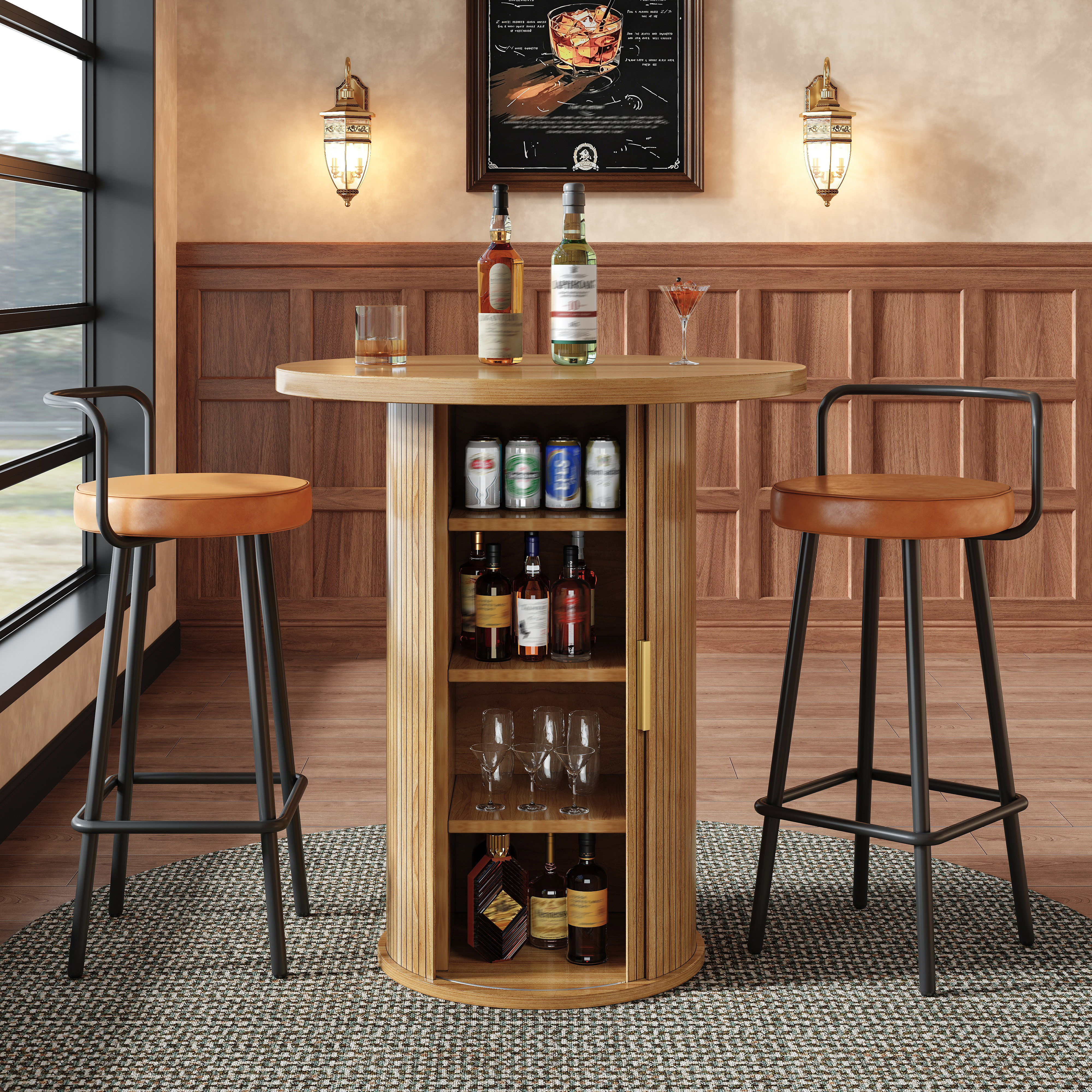 Round Bar Table With Storage, 91.6cm High Standing Table With Cabinet, MDF Wood Look, Load Capacity Up To 75kg, For Bar & Living Room
