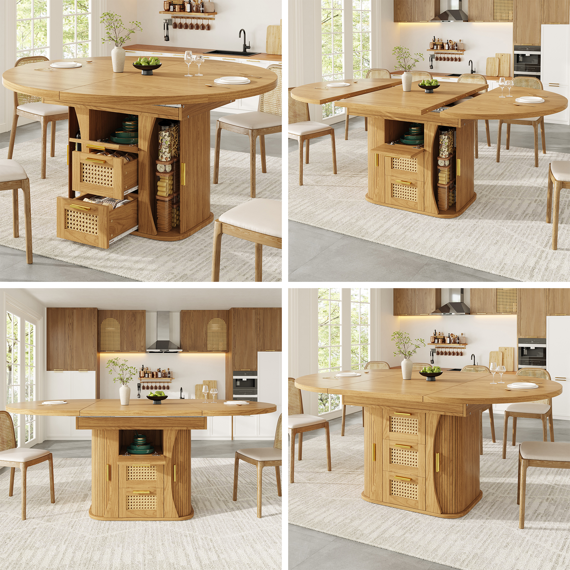 Extendable Dining Table With Storage, 118-158cm Table With Rattan Drawers, MDF Wood Look, Black  Natural Wood  Oak Look