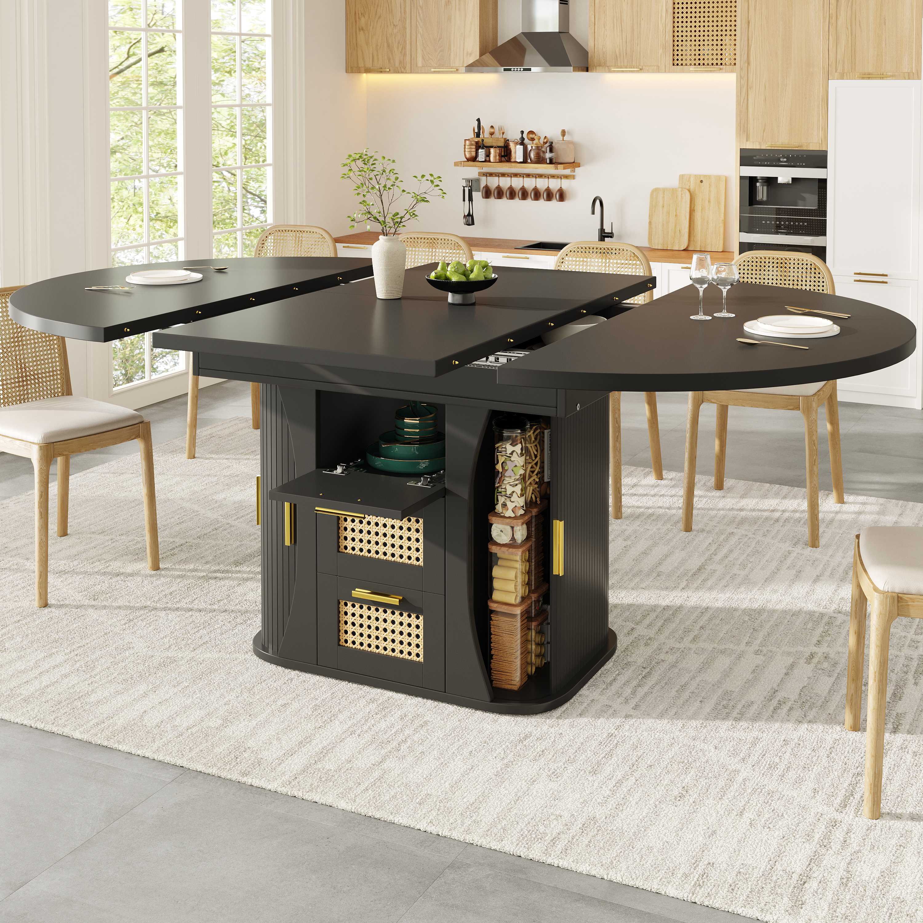 Extendable Dining Table With Storage, 118-158cm Rattan Drawers, MDF Wood Look — image 5