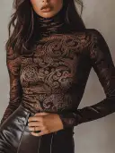 Women's Retro Turtleneck Paisley Long Sleeve T-Shirt view 1