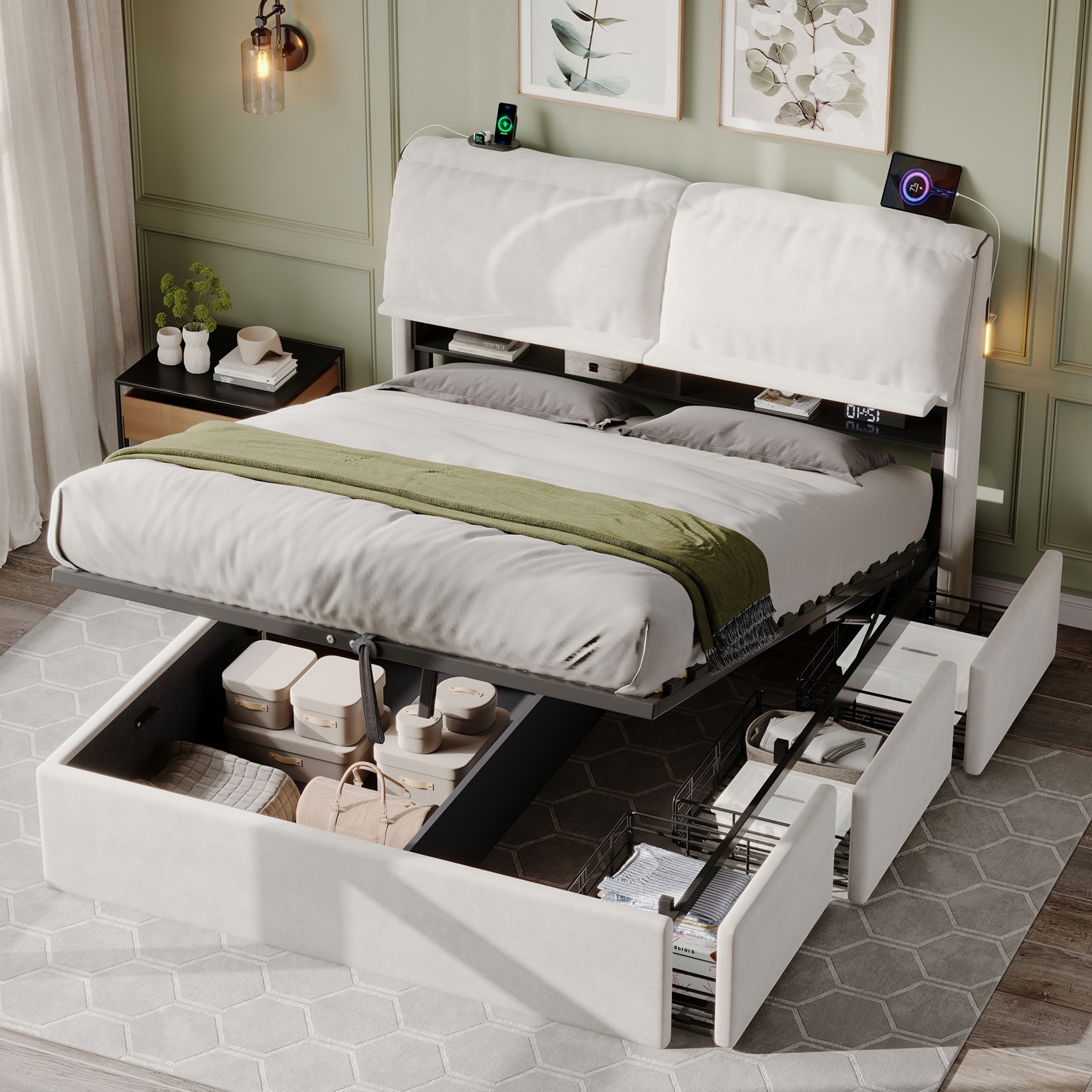 5ft King Bed With Hydraulic Storage, Velvet Upholstered Headboard Flip-top — image 2